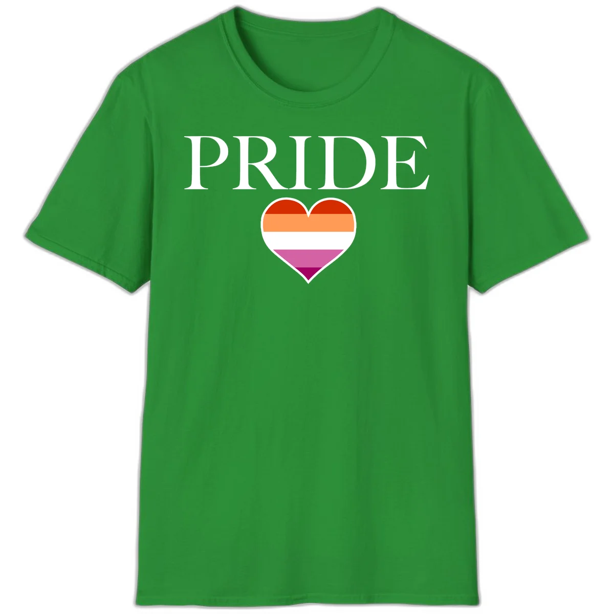 Pride flag heart design with red, orange, white, pink and magenta horizontal stripes and PRIDE text above in Irish Green