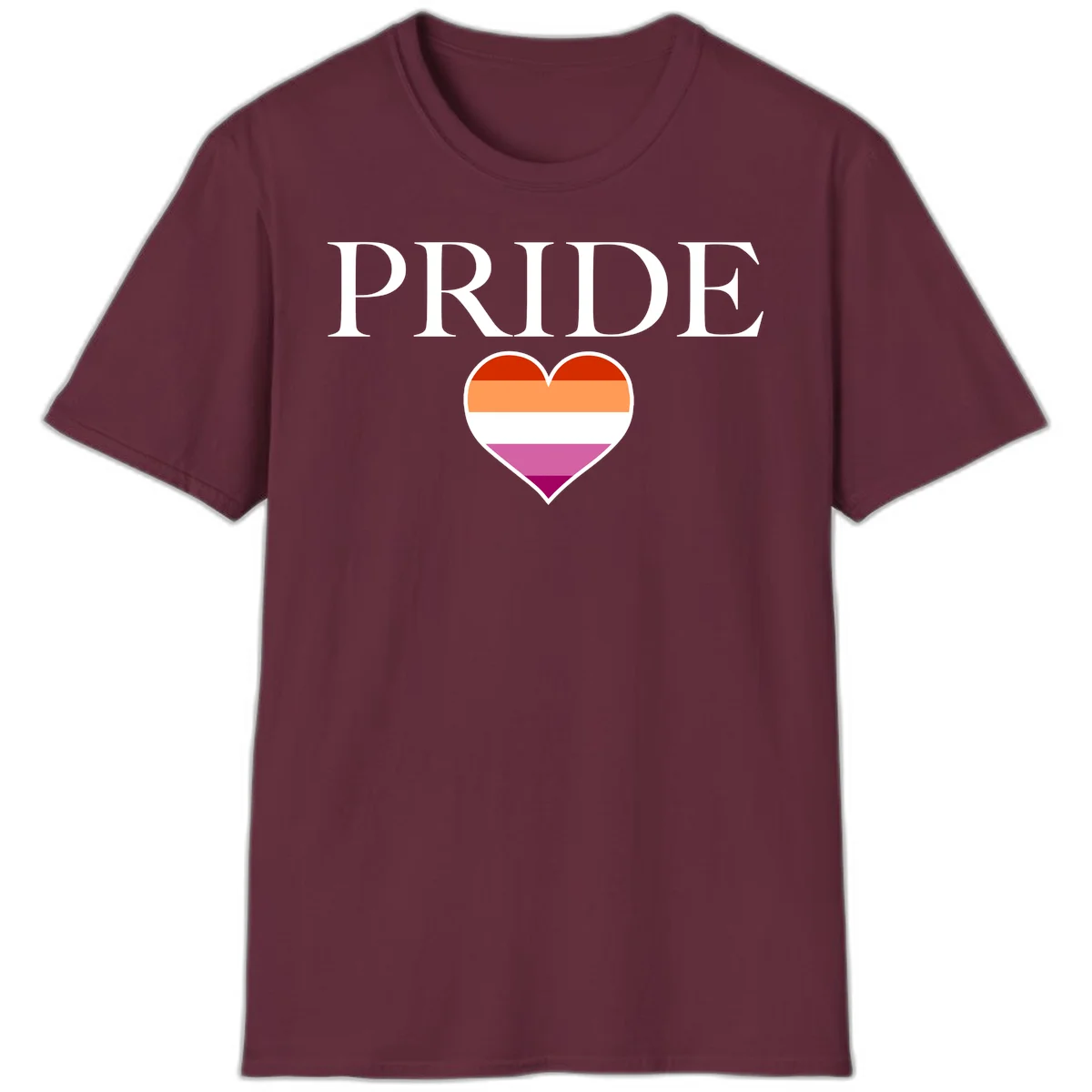 Pride flag heart design with red, orange, white, pink and magenta horizontal stripes and PRIDE text above in Maroon