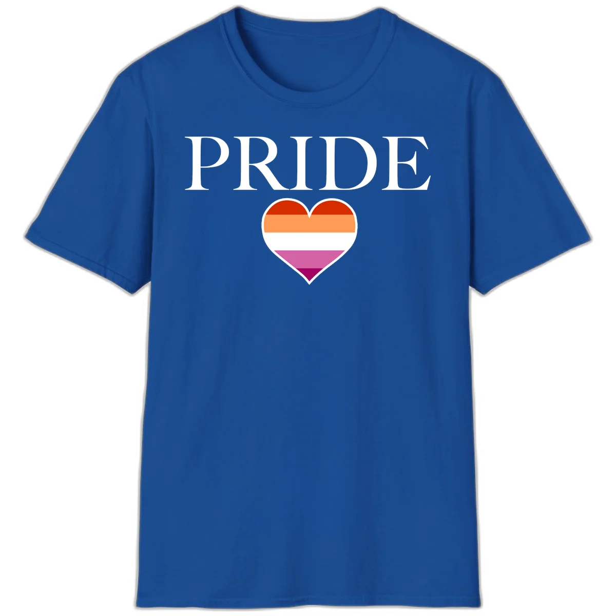 Pride flag heart design with red, orange, white, pink and magenta horizontal stripes and PRIDE text above in Royal