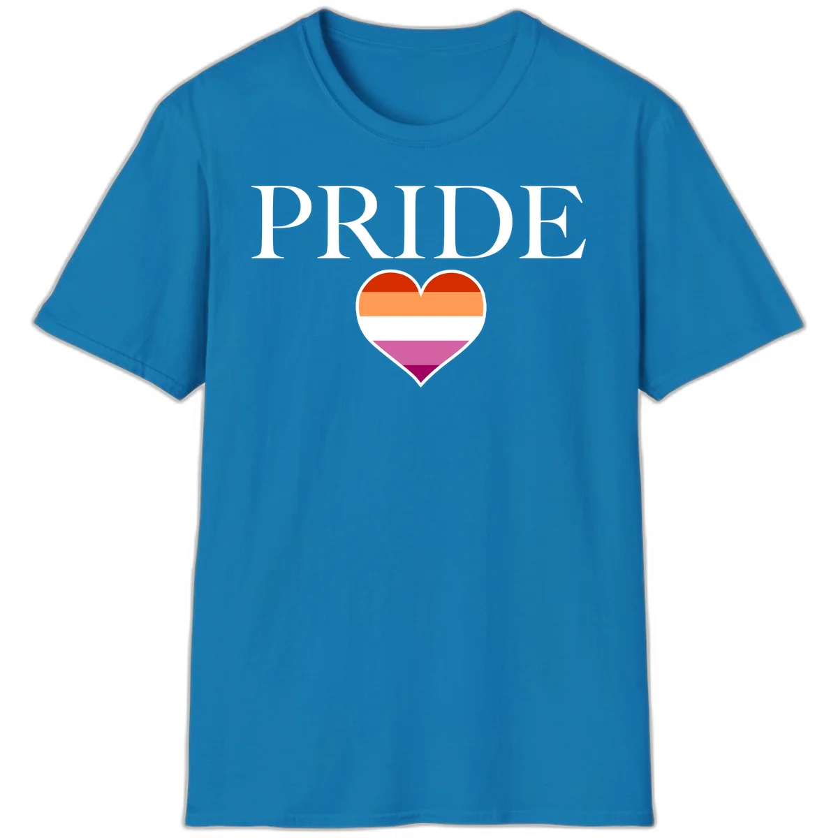 Pride flag heart design with red, orange, white, pink and magenta horizontal stripes and PRIDE text above in Sapphire