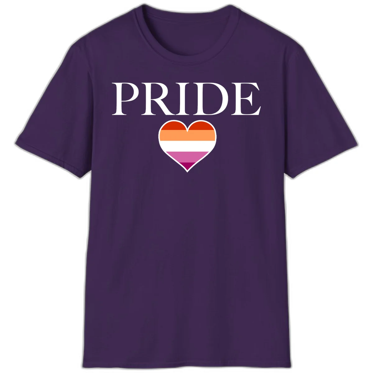 Pride flag heart design with red, orange, white, pink and magenta horizontal stripes and PRIDE text above in Purple