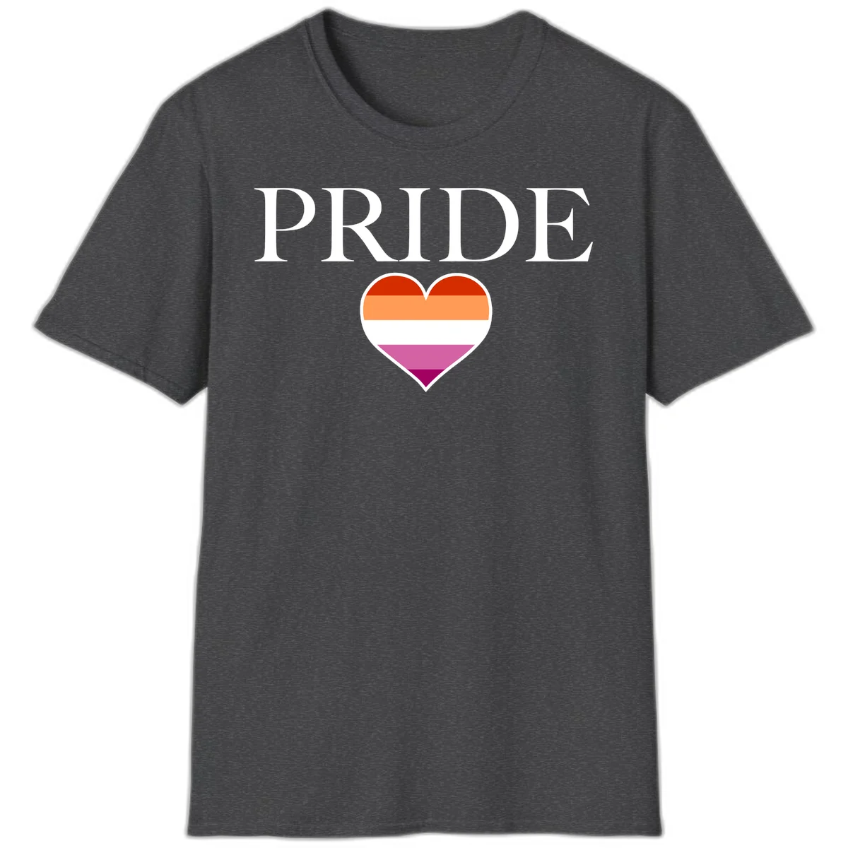 Pride flag heart design with red, orange, white, pink and magenta horizontal stripes and PRIDE text above in Dark Heather