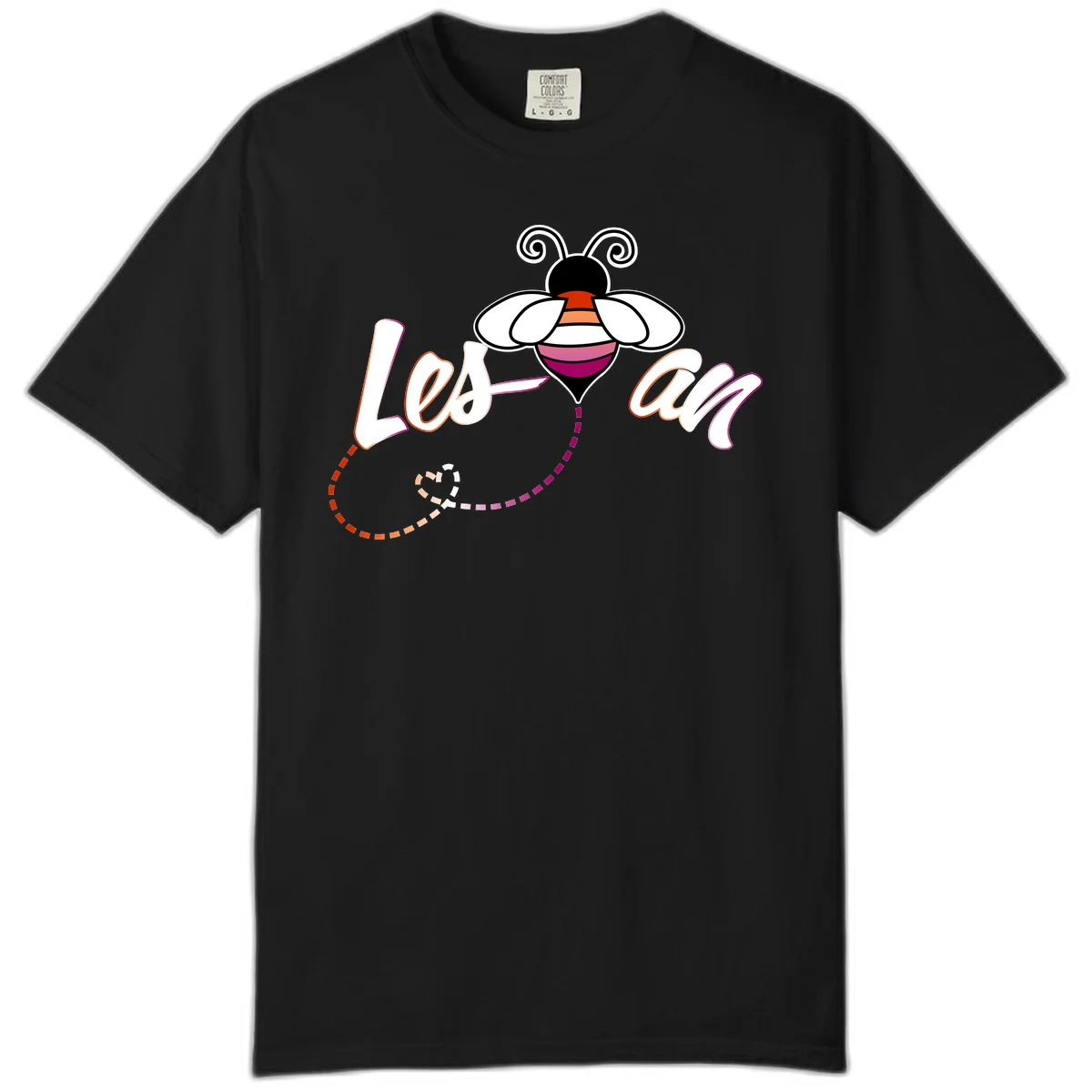 Colorful bee with spiral antennae and rainbow striped body above the word Love in flowing lettering with dashed trail in Black