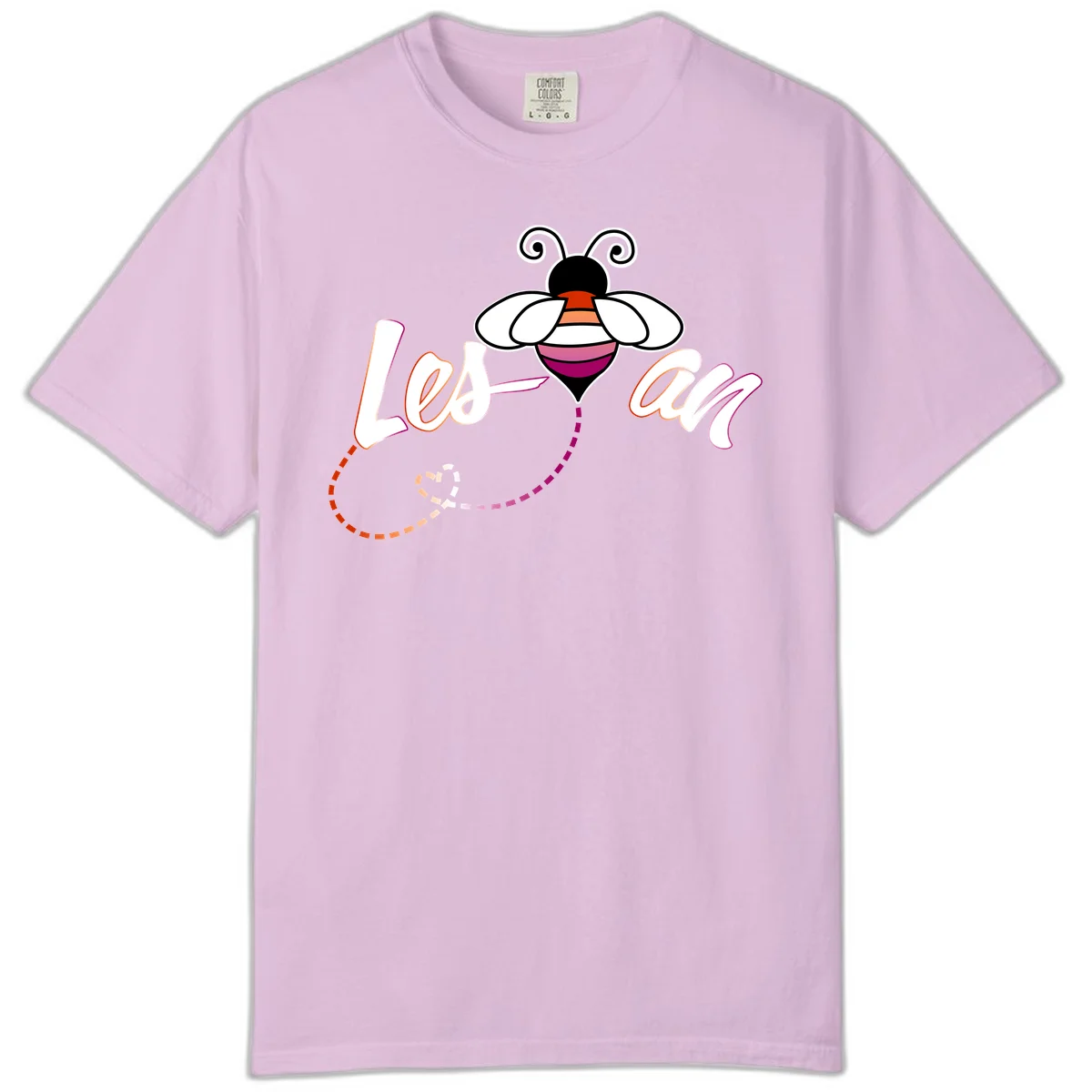 Colorful bee with spiral antennae and rainbow striped body above the word Love in flowing lettering with dashed trail in Orchid