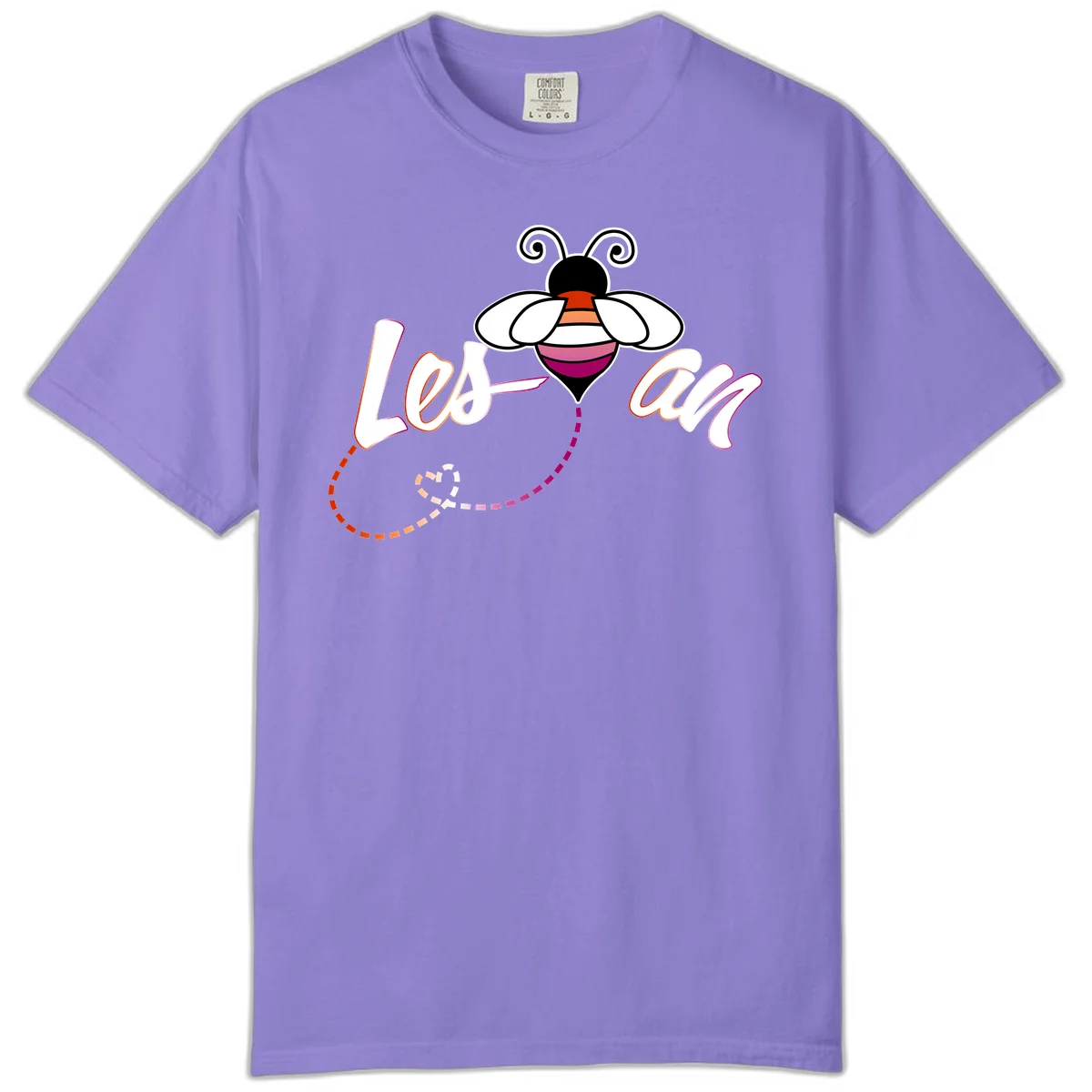 Colorful bee with spiral antennae and rainbow striped body above the word Love in flowing lettering with dashed trail in Violet