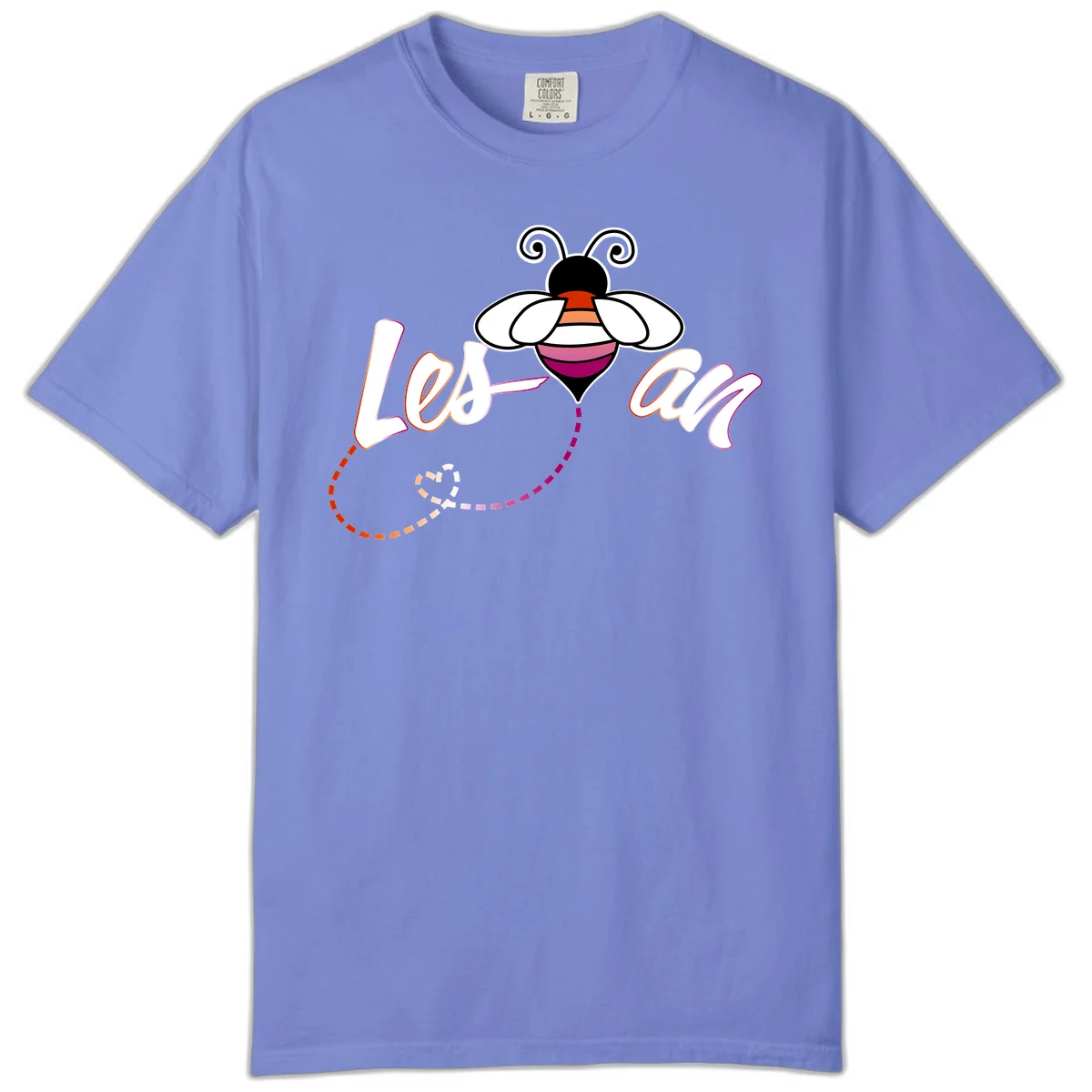 Colorful bee with spiral antennae and rainbow striped body above the word Love in flowing lettering with dashed trail in Flo Blue