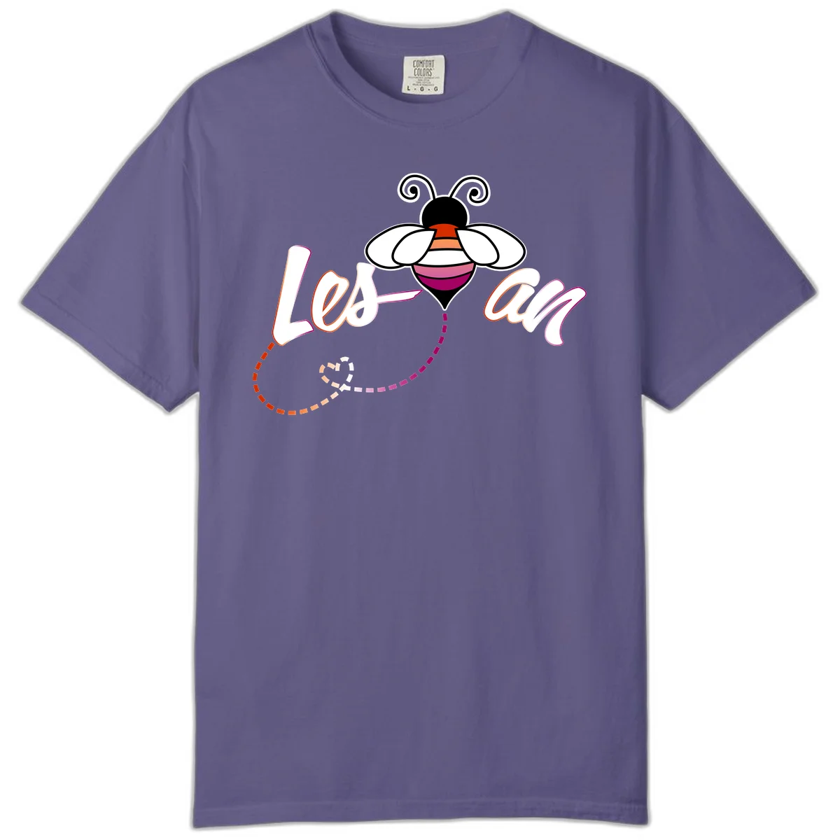 Colorful bee with spiral antennae and rainbow striped body above the word Love in flowing lettering with dashed trail in Grape