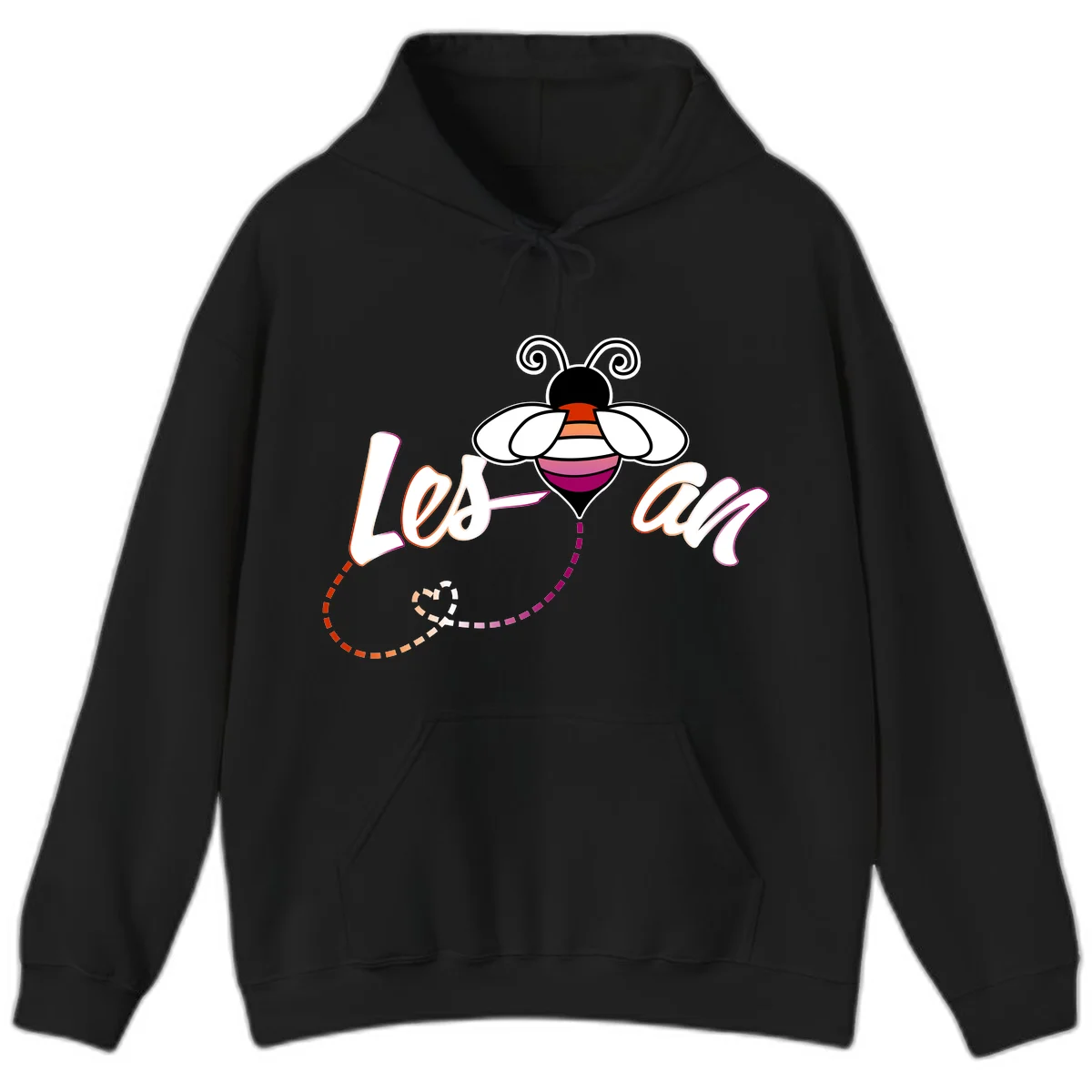 Colorful bee with spiral antennae and rainbow striped body above the word Love in flowing lettering with dashed trail in Black