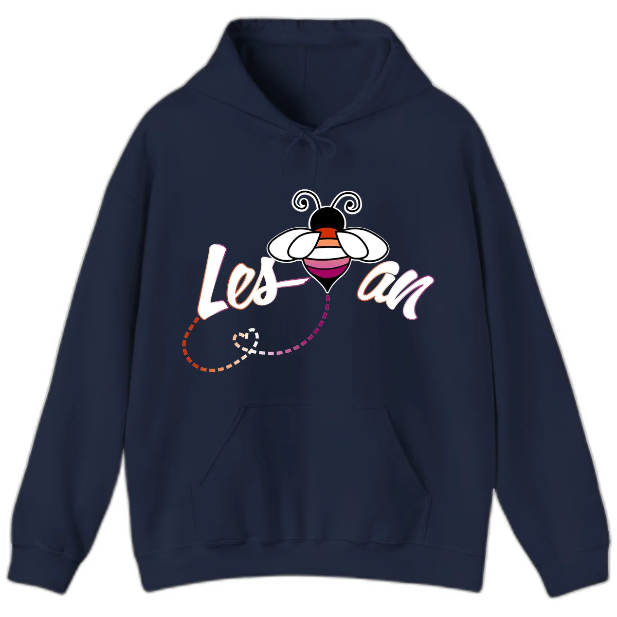 Colorful bee with spiral antennae and rainbow striped body above the word Love in flowing lettering with dashed trail in Navy
