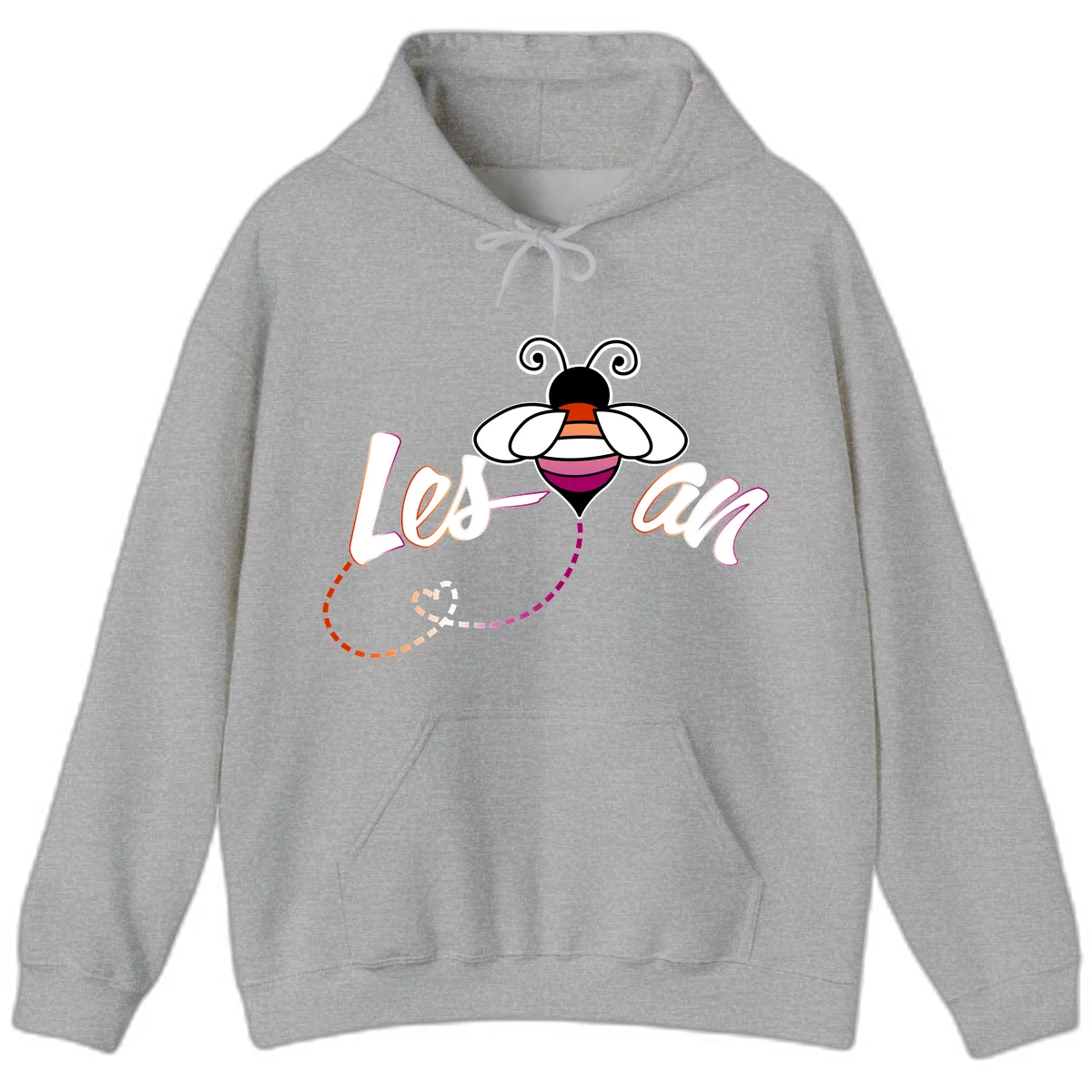 Colorful bee with spiral antennae and rainbow striped body above the word Love in flowing lettering with dashed trail in Sport Grey