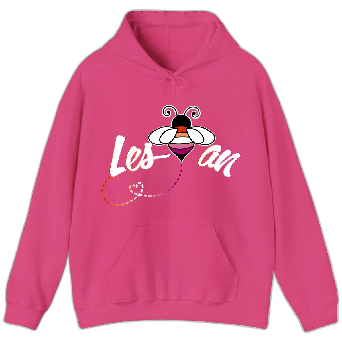 Colorful bee with spiral antennae and rainbow striped body above the word Love in flowing lettering with dashed trail in Heliconia