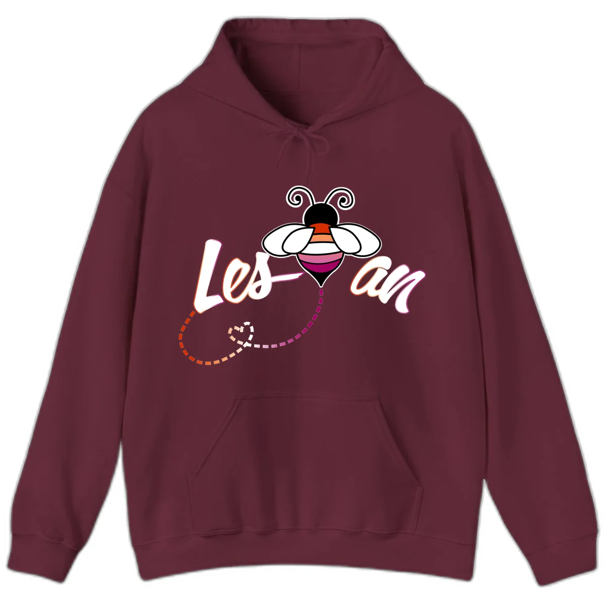 Colorful bee with spiral antennae and rainbow striped body above the word Love in flowing lettering with dashed trail in Maroon