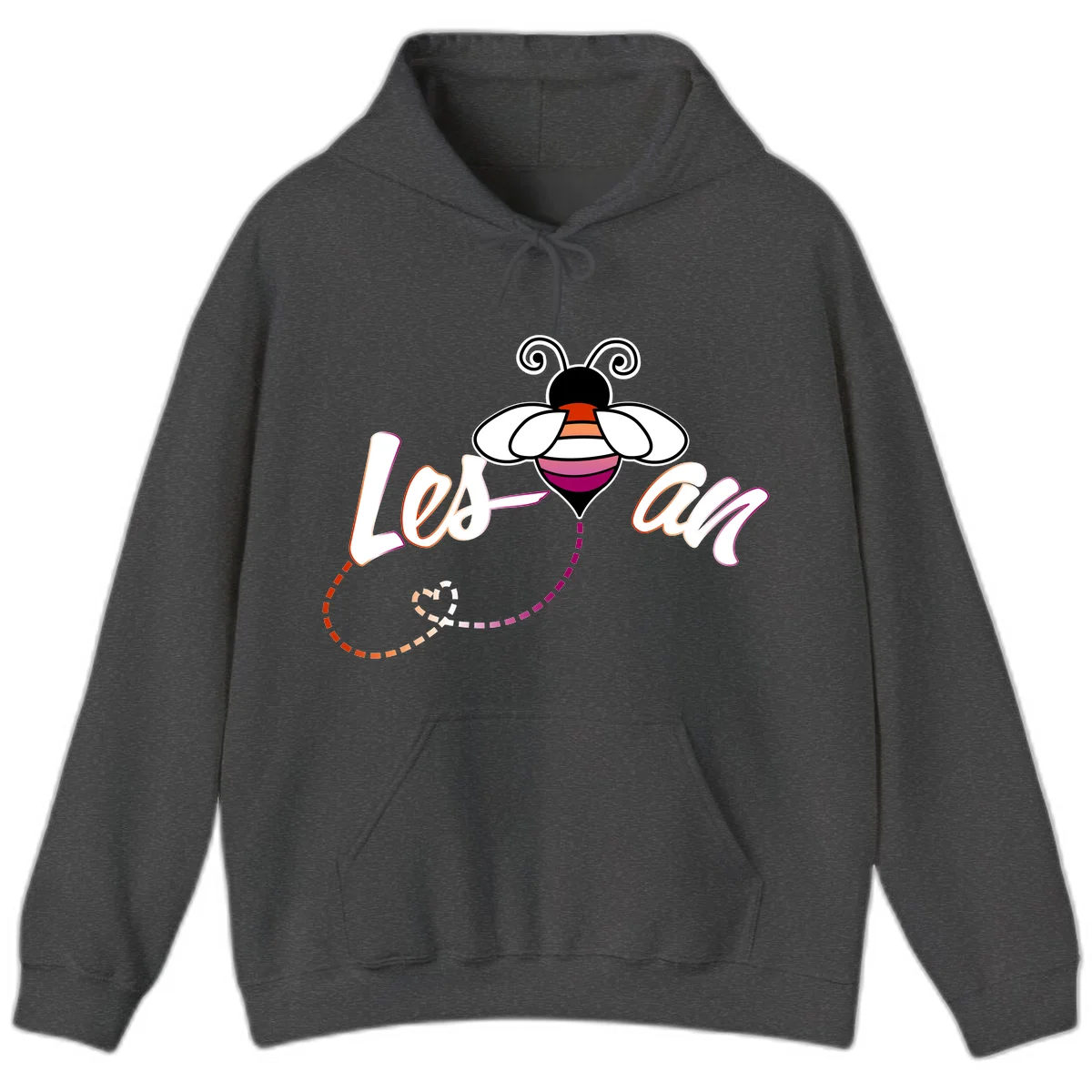 Colorful bee with spiral antennae and rainbow striped body above the word Love in flowing lettering with dashed trail in Dark Heather