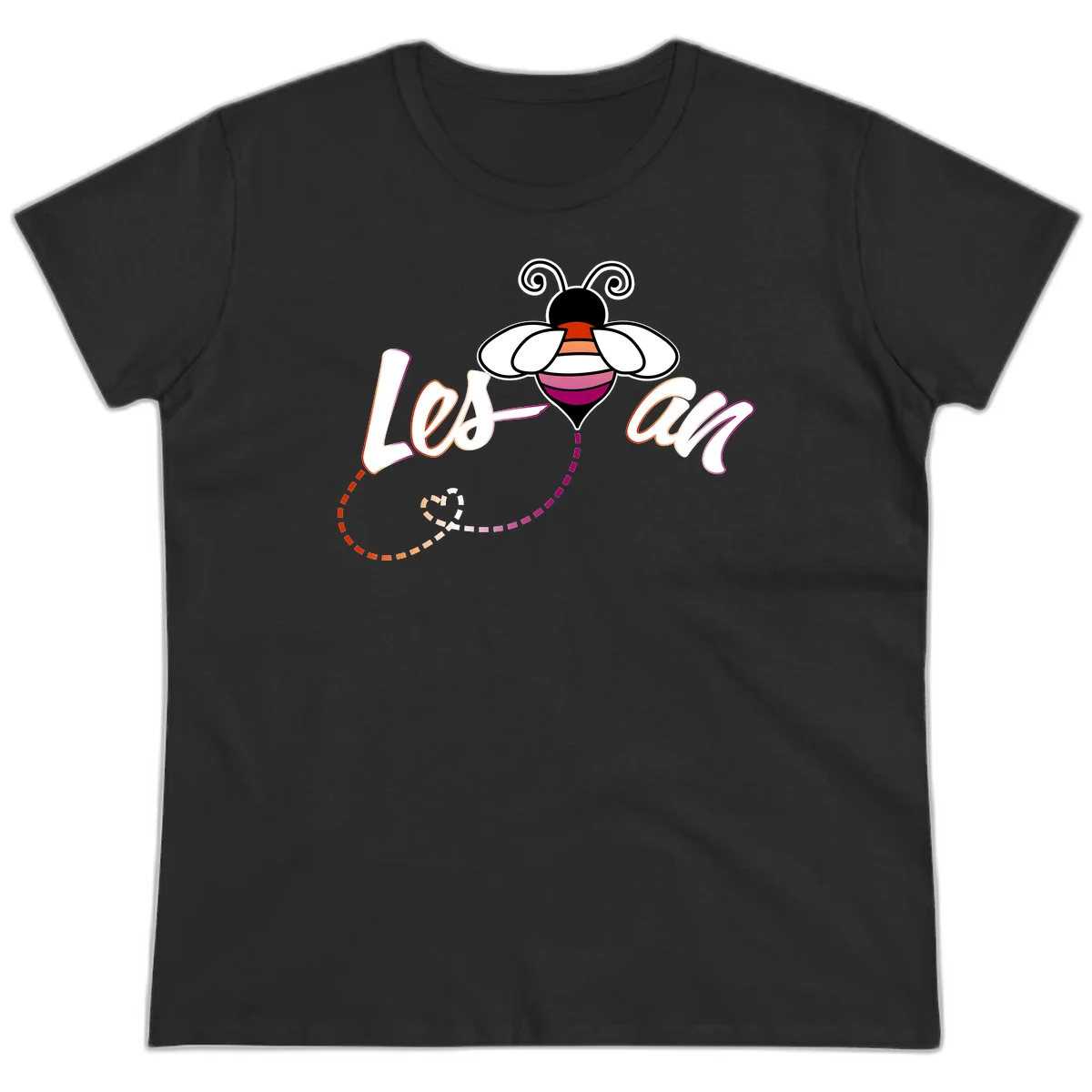 Colorful bee with spiral antennae and rainbow striped body above the word Love in flowing lettering with dashed trail in Black