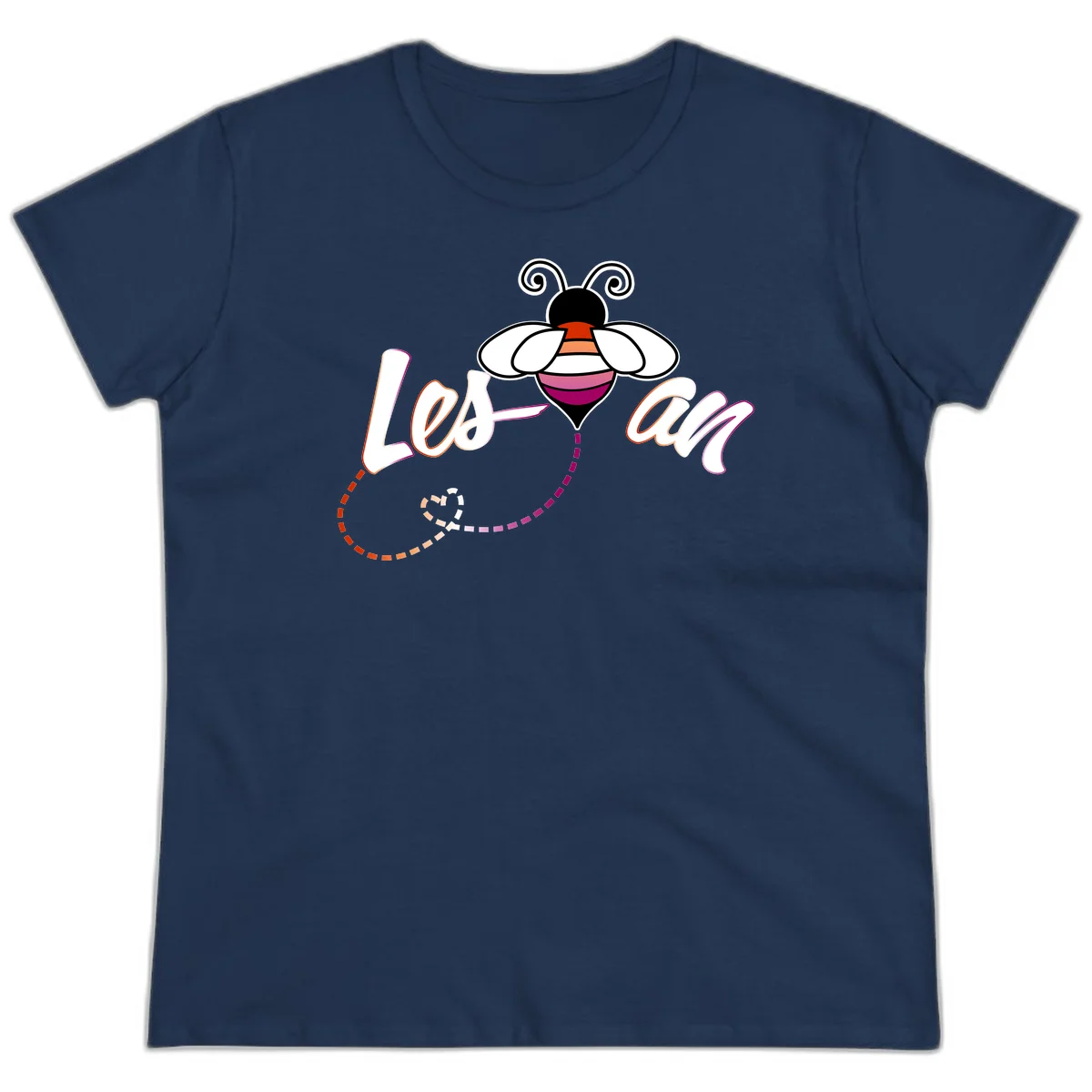 Colorful bee with spiral antennae and rainbow striped body above the word Love in flowing lettering with dashed trail in Navy