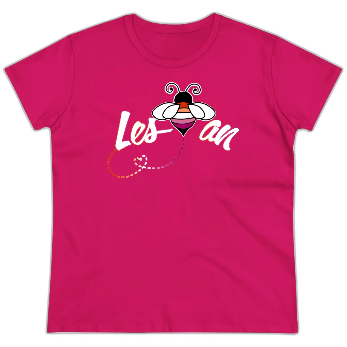 Colorful bee with spiral antennae and rainbow striped body above the word Love in flowing lettering with dashed trail in Heliconia