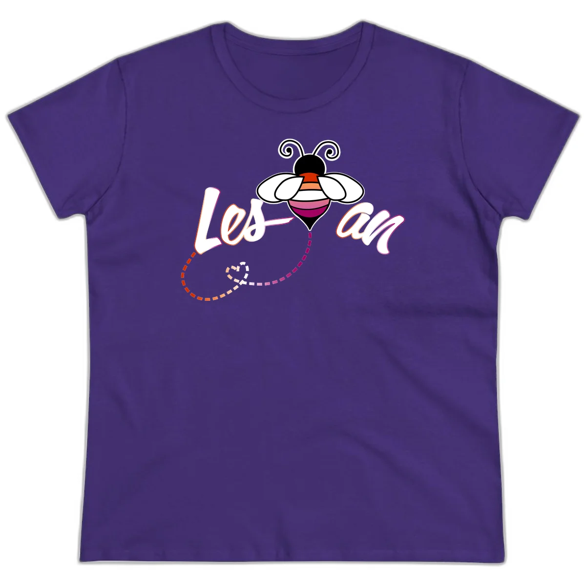 Colorful bee with spiral antennae and rainbow striped body above the word Love in flowing lettering with dashed trail in Purple