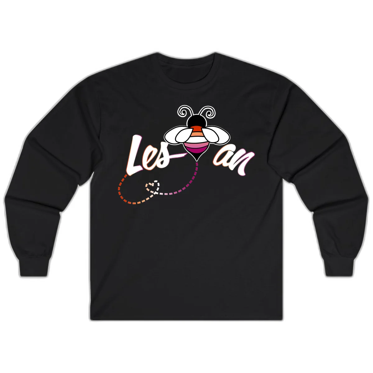 Colorful bee with spiral antennae and rainbow striped body above the word Love in flowing lettering with dashed trail in Black