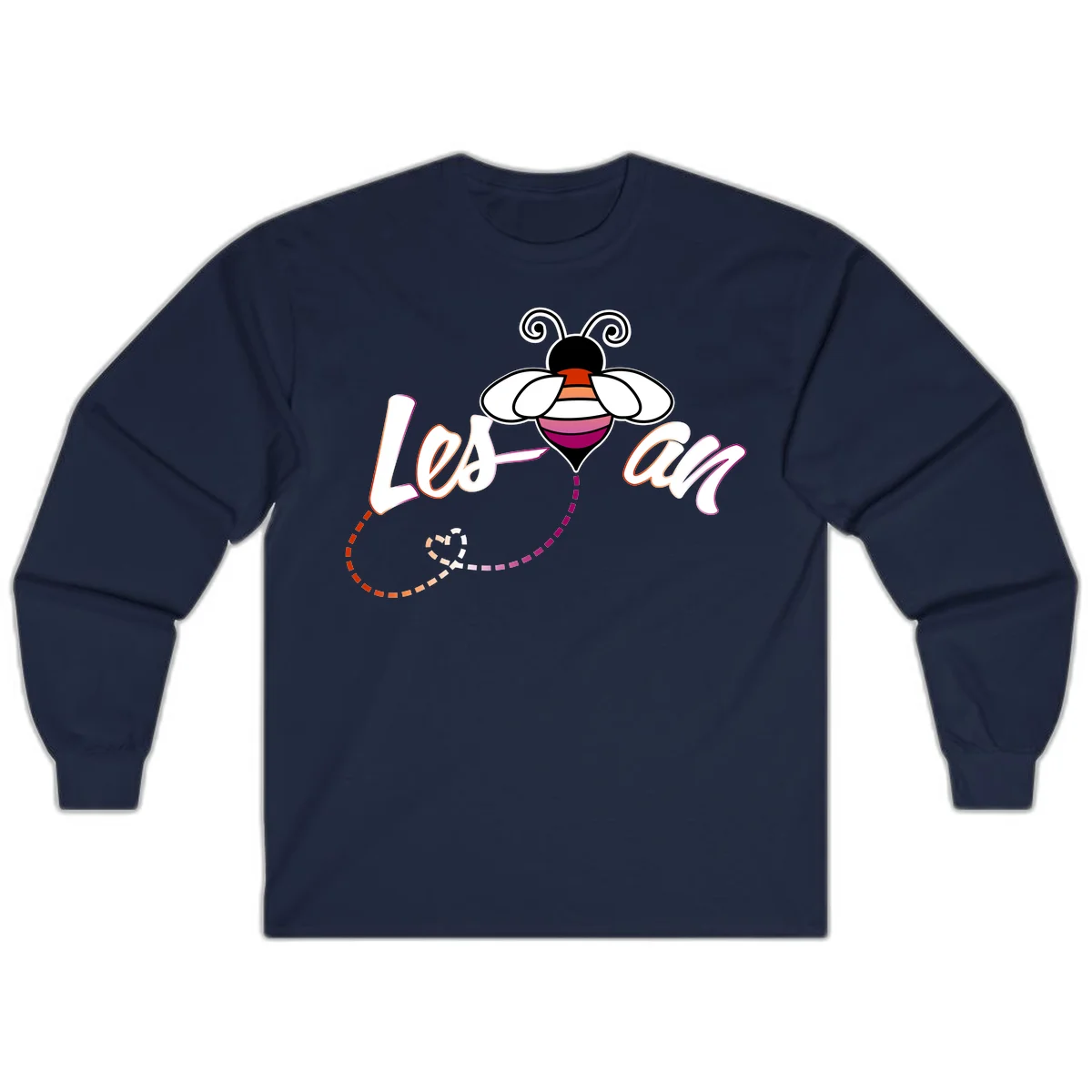 Colorful bee with spiral antennae and rainbow striped body above the word Love in flowing lettering with dashed trail in Navy