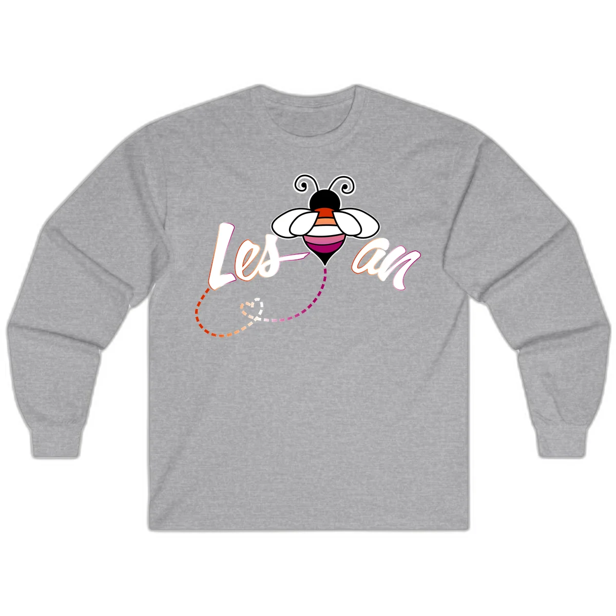 Colorful bee with spiral antennae and rainbow striped body above the word Love in flowing lettering with dashed trail in Sport Grey