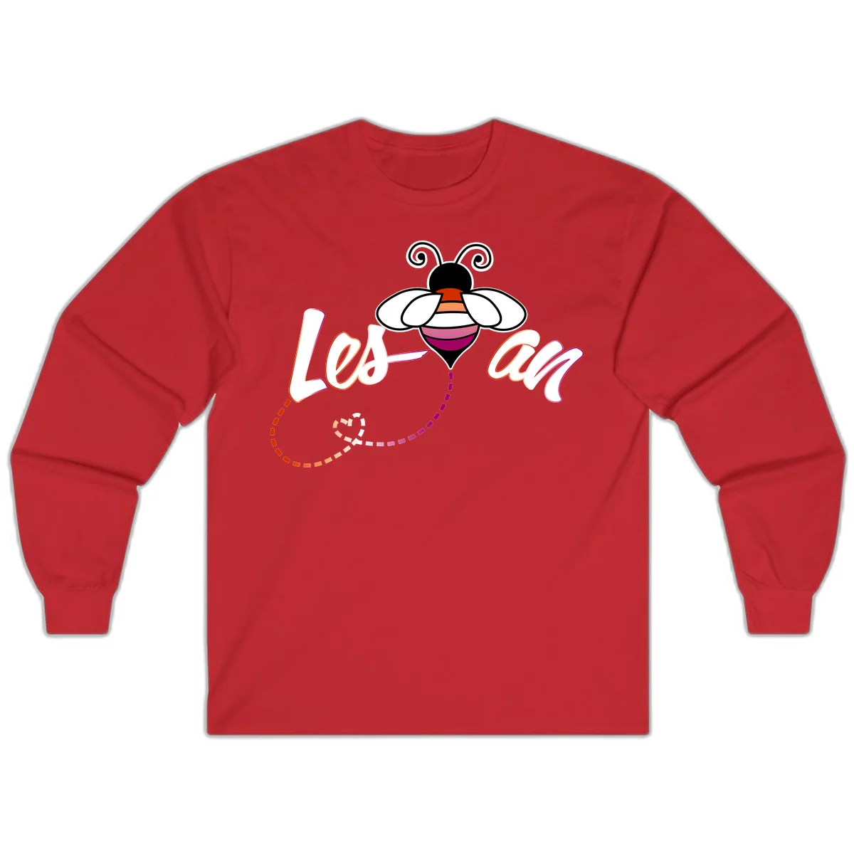 Colorful bee with spiral antennae and rainbow striped body above the word Love in flowing lettering with dashed trail in Red