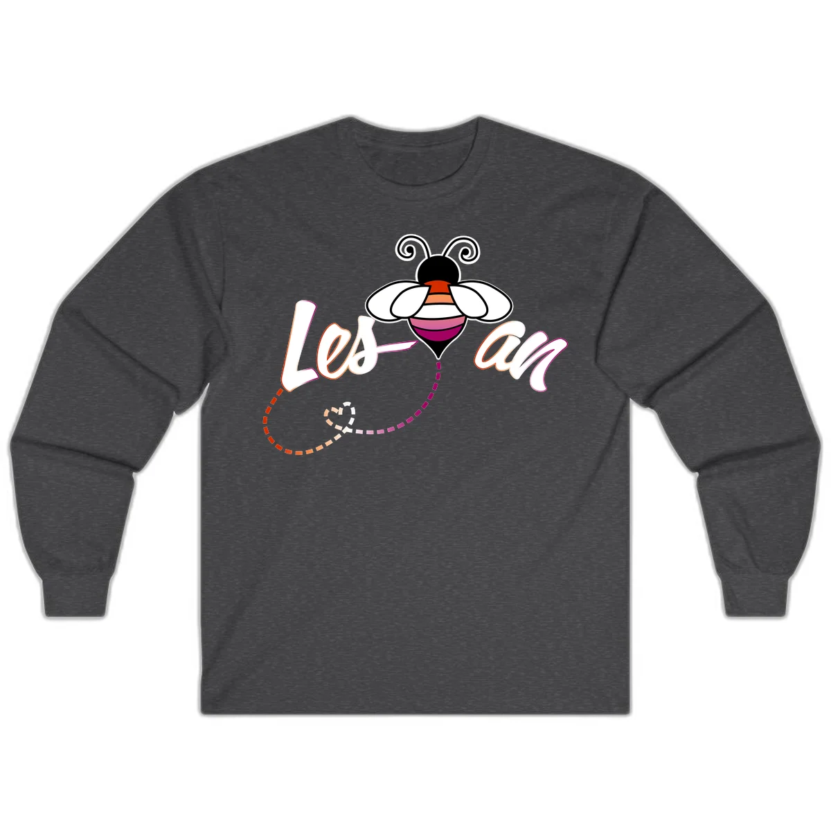 Colorful bee with spiral antennae and rainbow striped body above the word Love in flowing lettering with dashed trail in Dark Heather