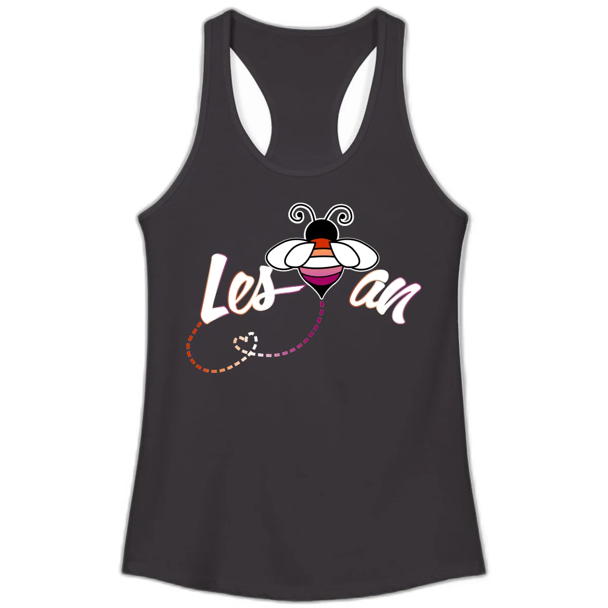 Colorful bee with spiral antennae and rainbow striped body above the word Love in flowing lettering with dashed trail in Black