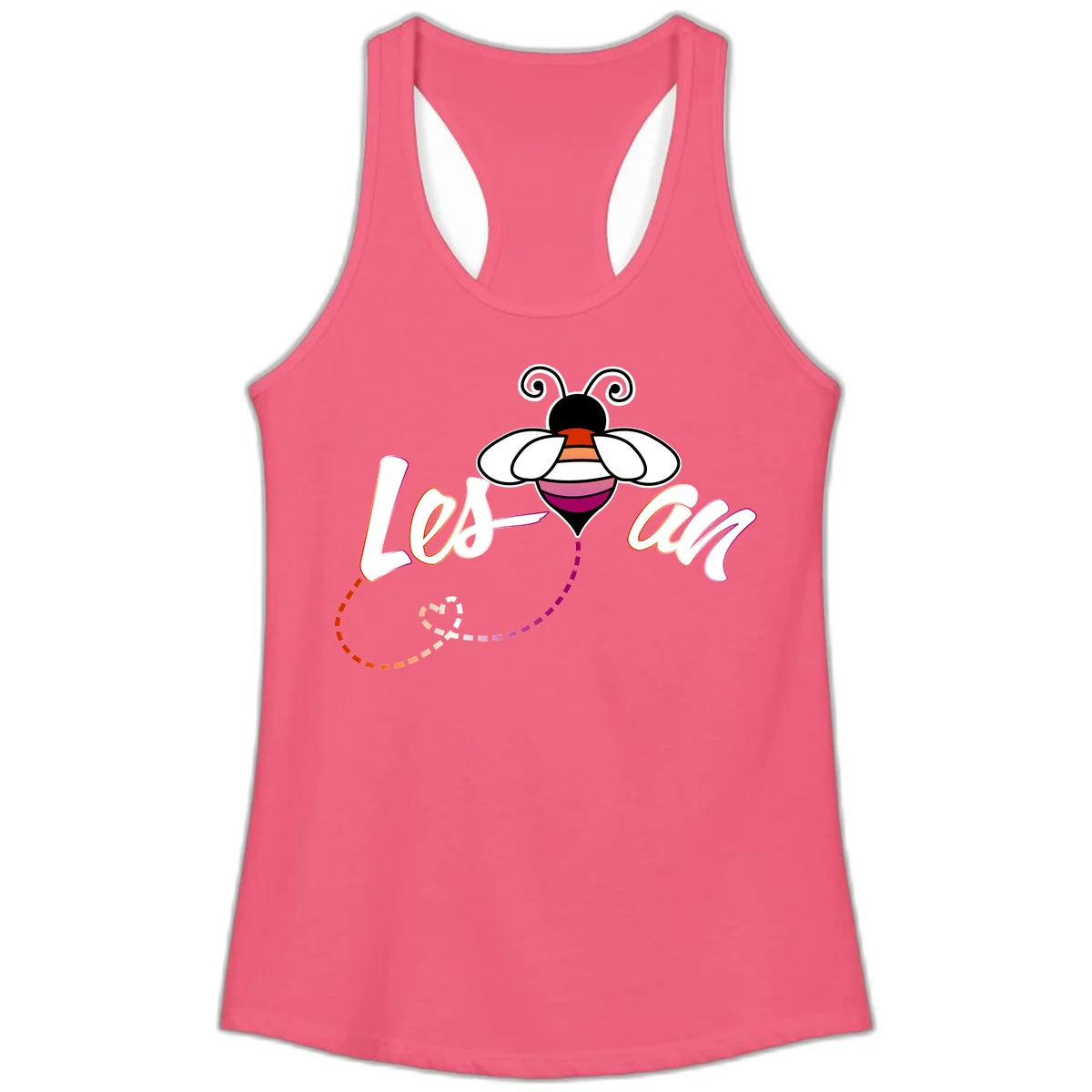 Colorful bee with spiral antennae and rainbow striped body above the word Love in flowing lettering with dashed trail in Hot Pink