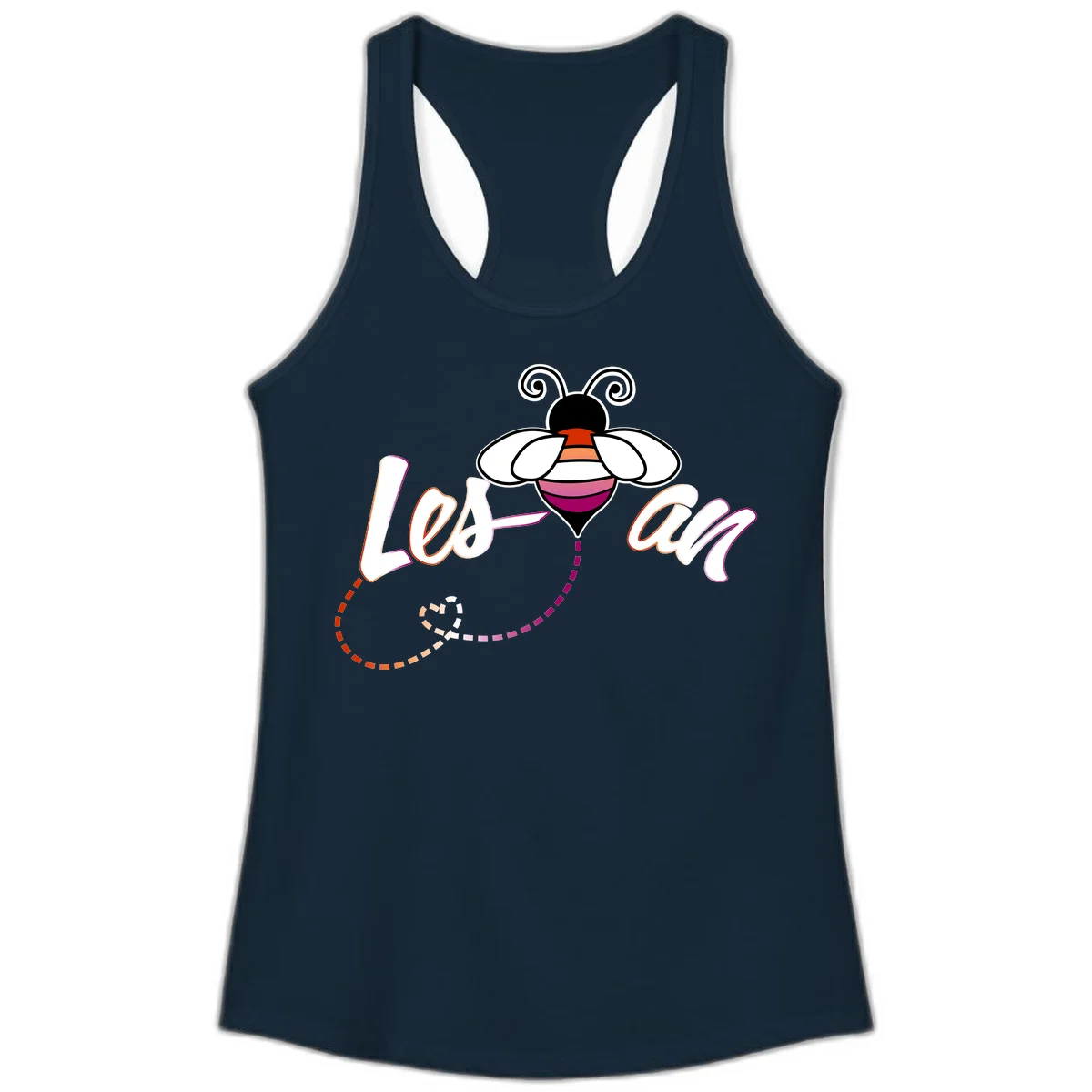 Colorful bee with spiral antennae and rainbow striped body above the word Love in flowing lettering with dashed trail in Solid Midnight Navy