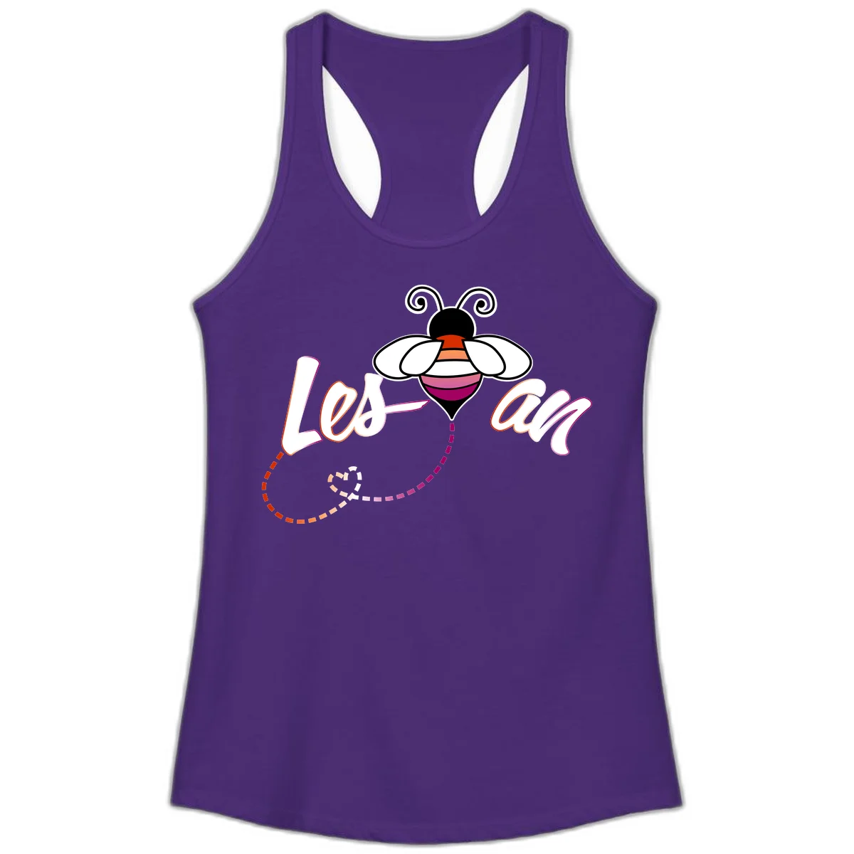 Colorful bee with spiral antennae and rainbow striped body above the word Love in flowing lettering with dashed trail in Solid Purple Rush