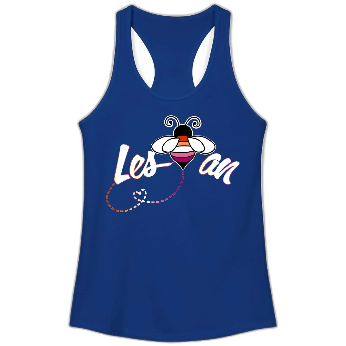 Colorful bee with spiral antennae and rainbow striped body above the word Love in flowing lettering with dashed trail in Solid Royal
