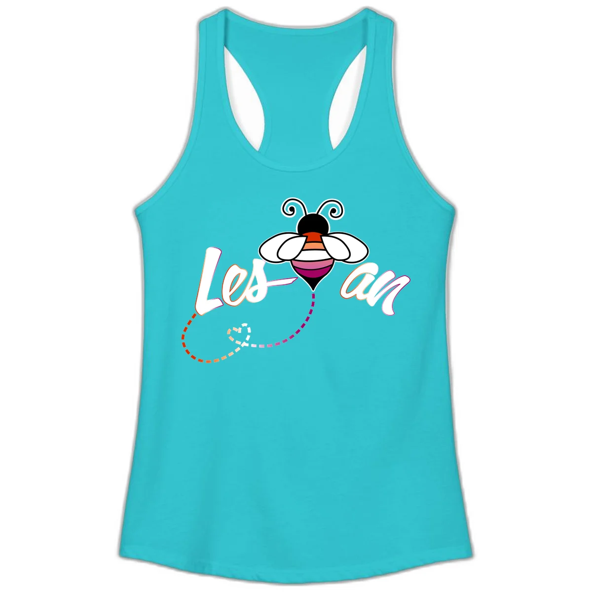 Colorful bee with spiral antennae and rainbow striped body above the word Love in flowing lettering with dashed trail in Solid Tahiti Blue