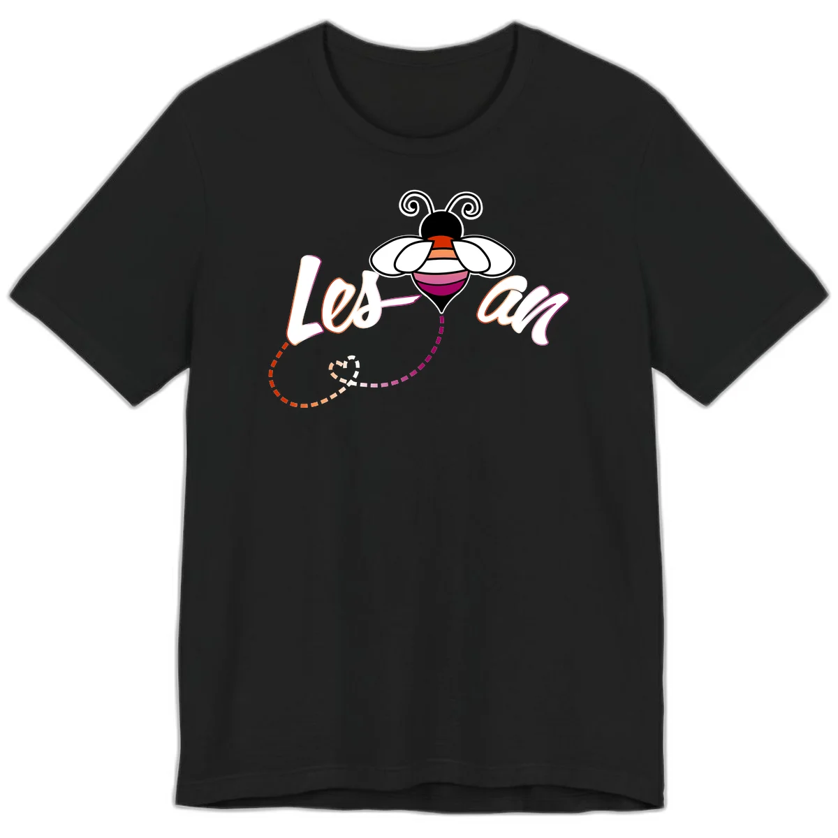 Colorful bee with spiral antennae and rainbow striped body above the word Love in flowing lettering with dashed trail in Black