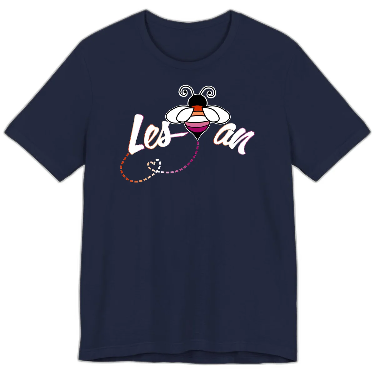 Colorful bee with spiral antennae and rainbow striped body above the word Love in flowing lettering with dashed trail in Navy