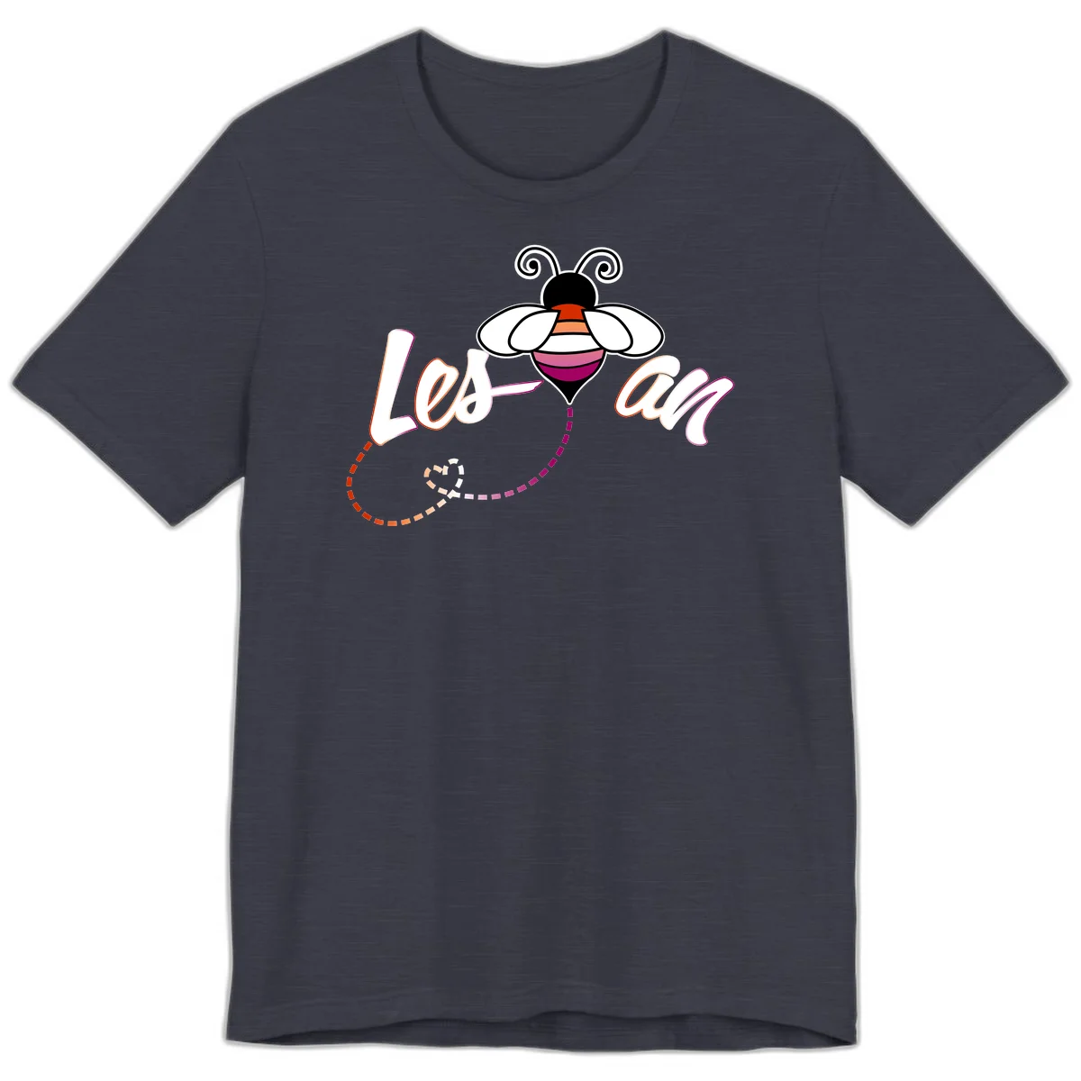 Colorful bee with spiral antennae and rainbow striped body above the word Love in flowing lettering with dashed trail in Heather Midnight Navy