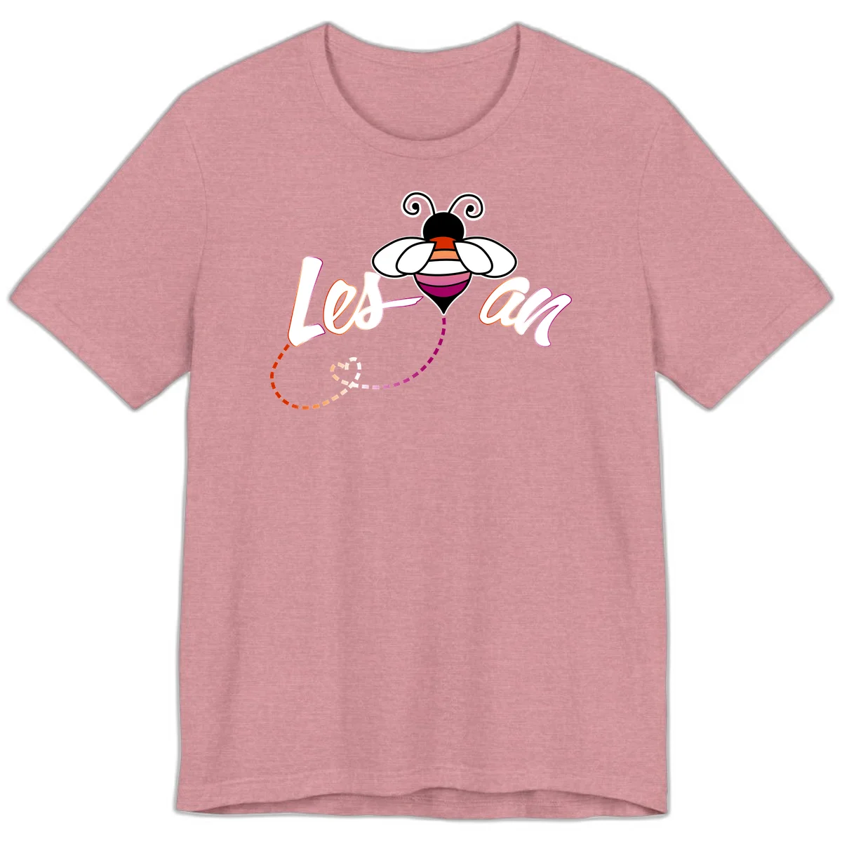 Colorful bee with spiral antennae and rainbow striped body above the word Love in flowing lettering with dashed trail in Heather Orchid