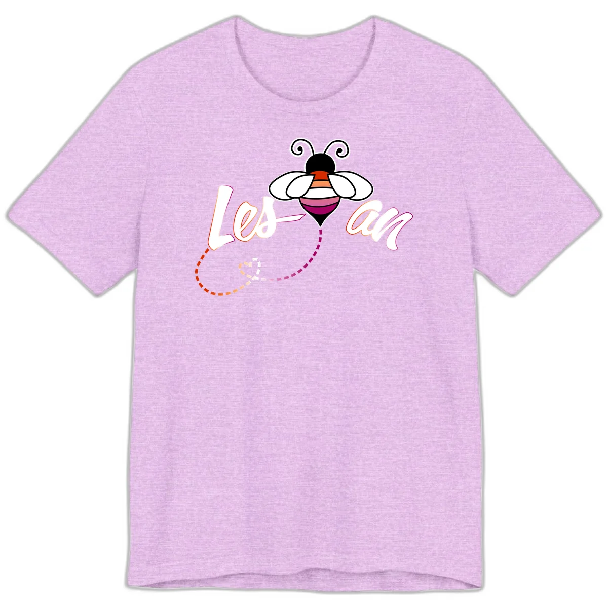 Colorful bee with spiral antennae and rainbow striped body above the word Love in flowing lettering with dashed trail in Heather Prism Lilac