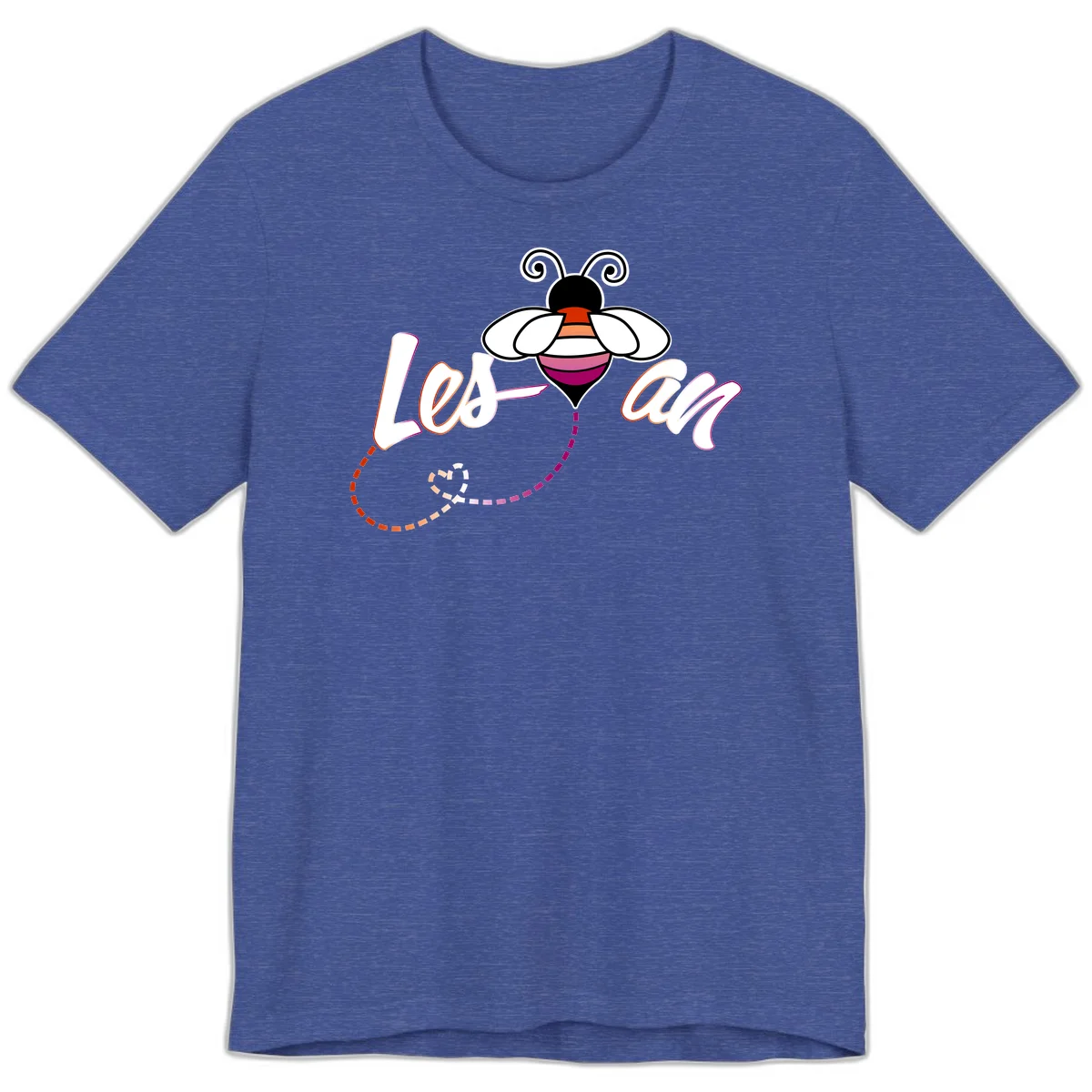 Colorful bee with spiral antennae and rainbow striped body above the word Love in flowing lettering with dashed trail in Heather True Royal
