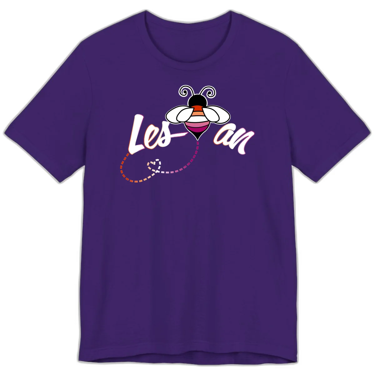 Colorful bee with spiral antennae and rainbow striped body above the word Love in flowing lettering with dashed trail in Team Purple