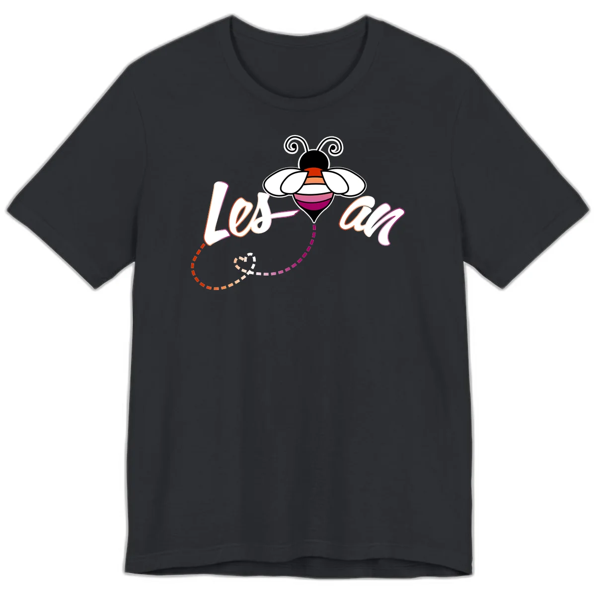 Colorful bee with spiral antennae and rainbow striped body above the word Love in flowing lettering with dashed trail in Vintage Black