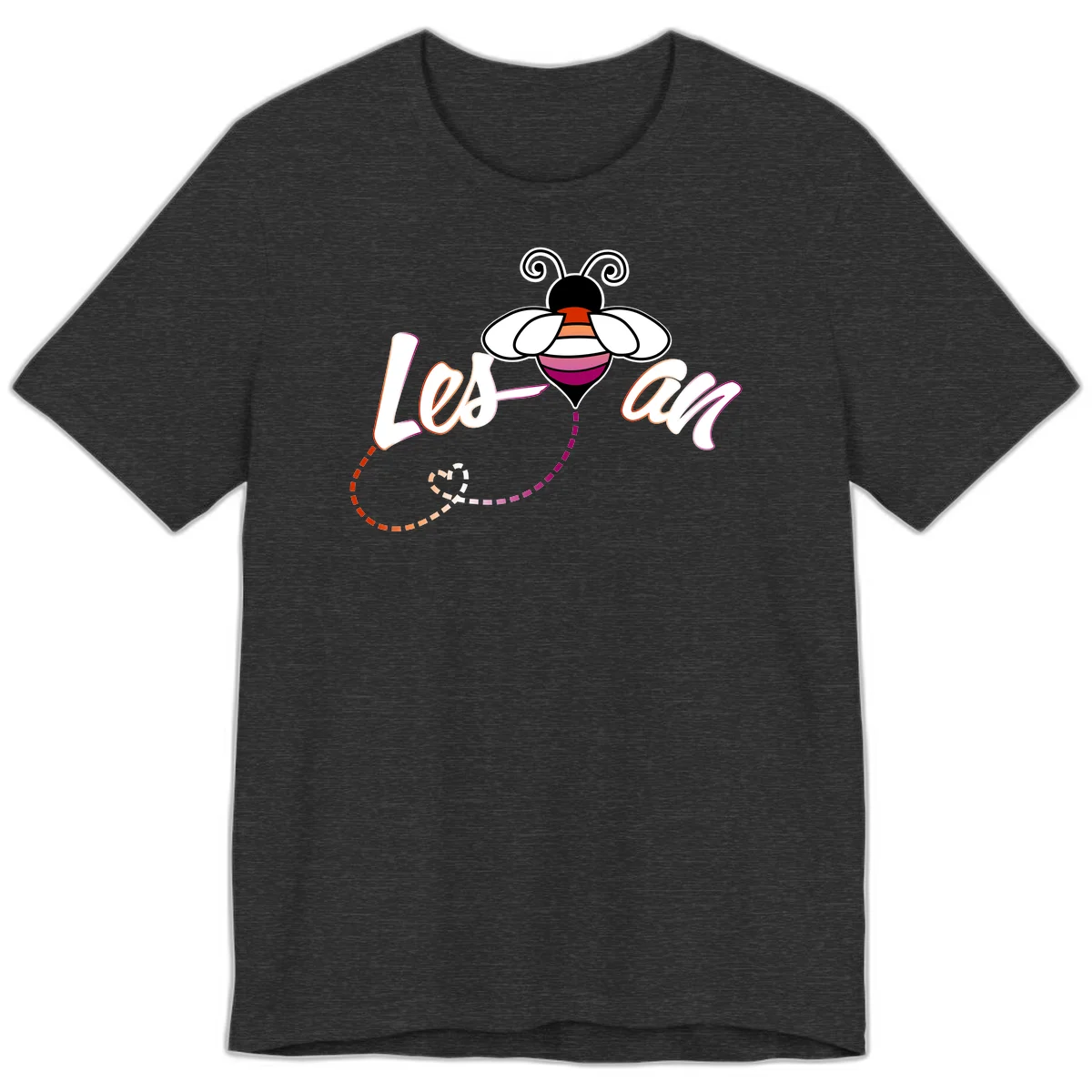 Colorful bee with spiral antennae and rainbow striped body above the word Love in flowing lettering with dashed trail in Dark Grey Heather