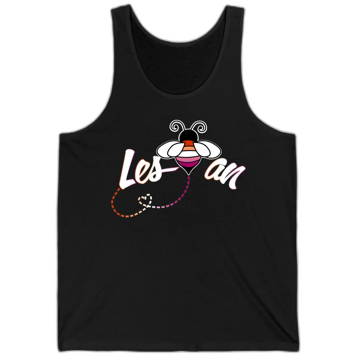 Colorful bee with spiral antennae and rainbow striped body above the word Love in flowing lettering with dashed trail in Black