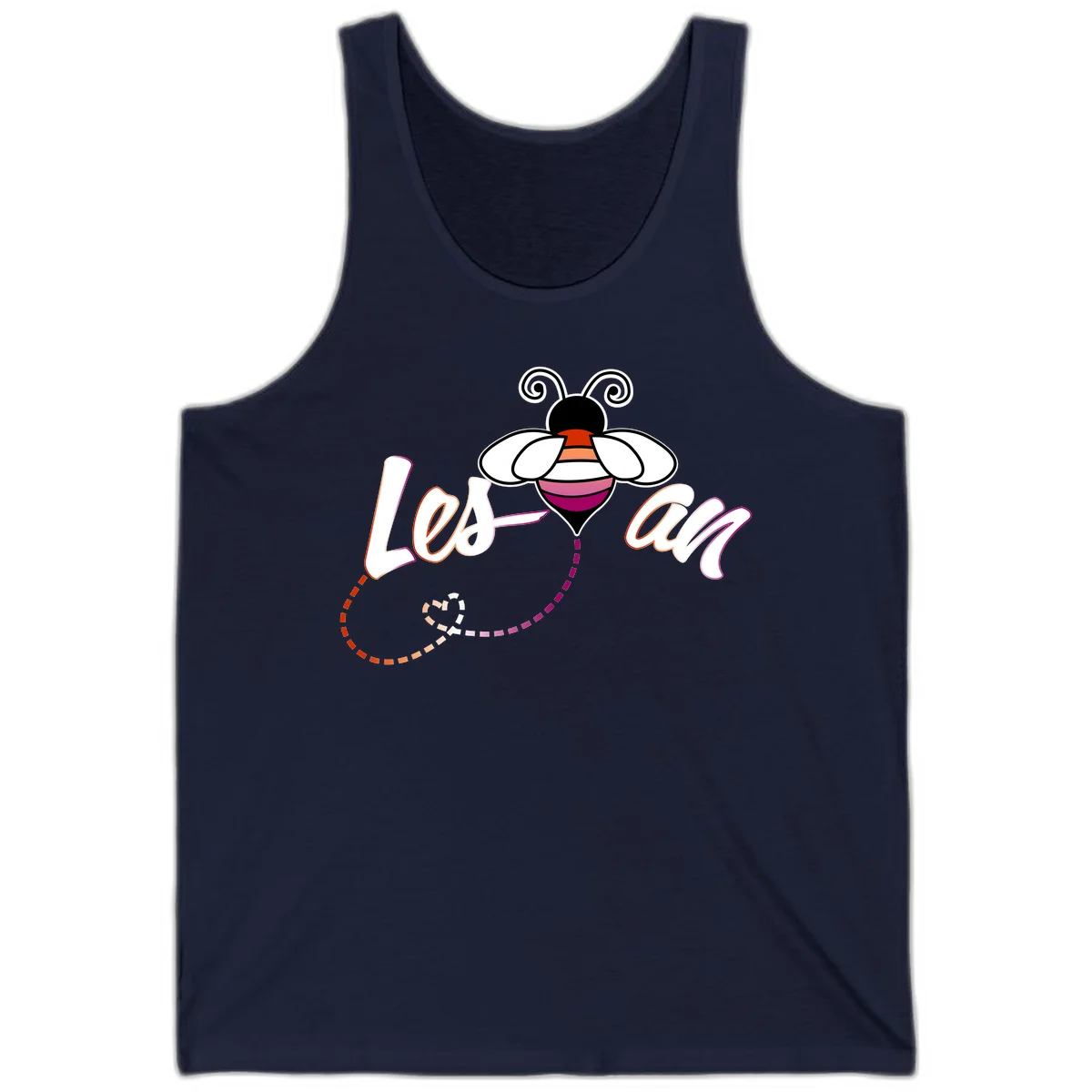 Colorful bee with spiral antennae and rainbow striped body above the word Love in flowing lettering with dashed trail in Navy