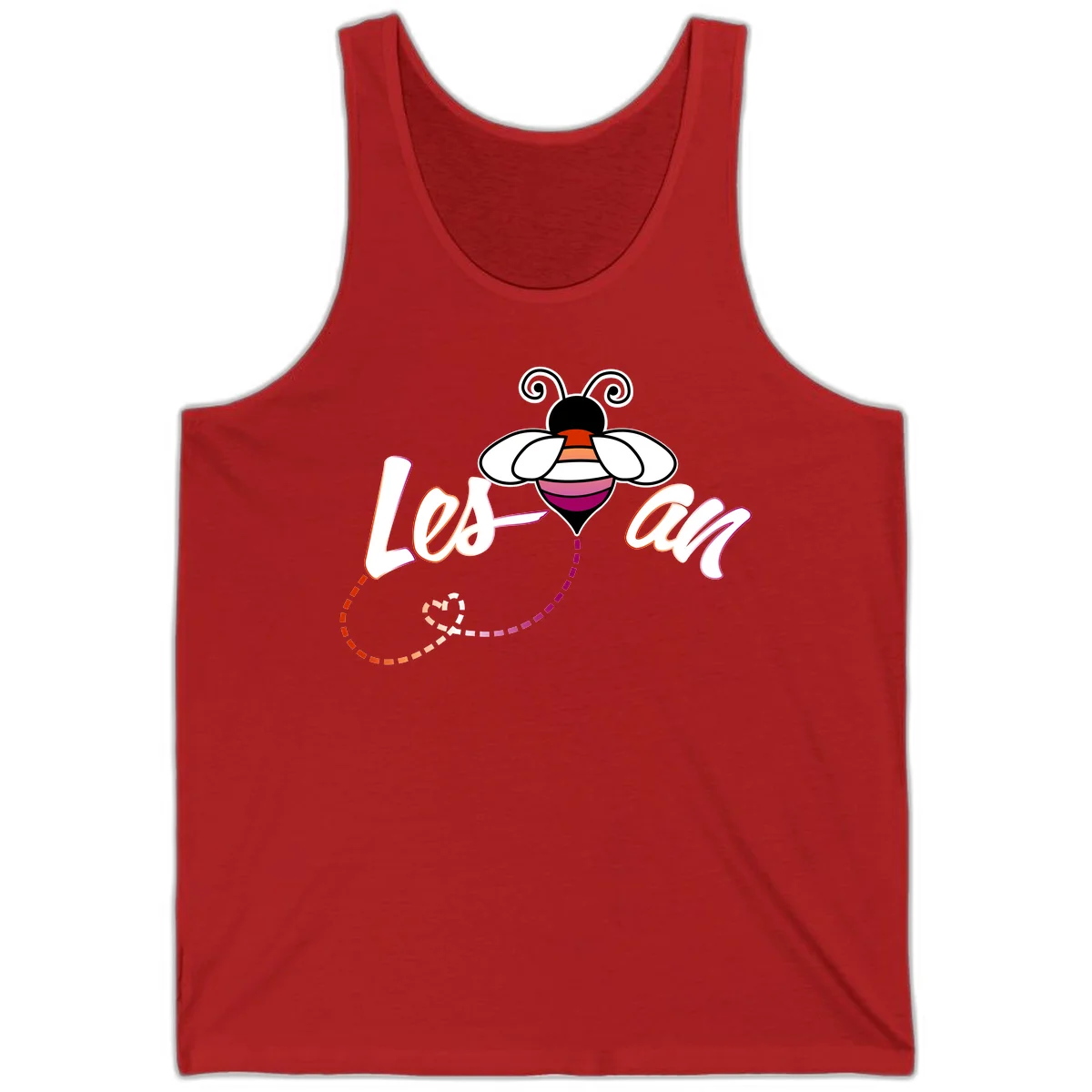 Colorful bee with spiral antennae and rainbow striped body above the word Love in flowing lettering with dashed trail in Red
