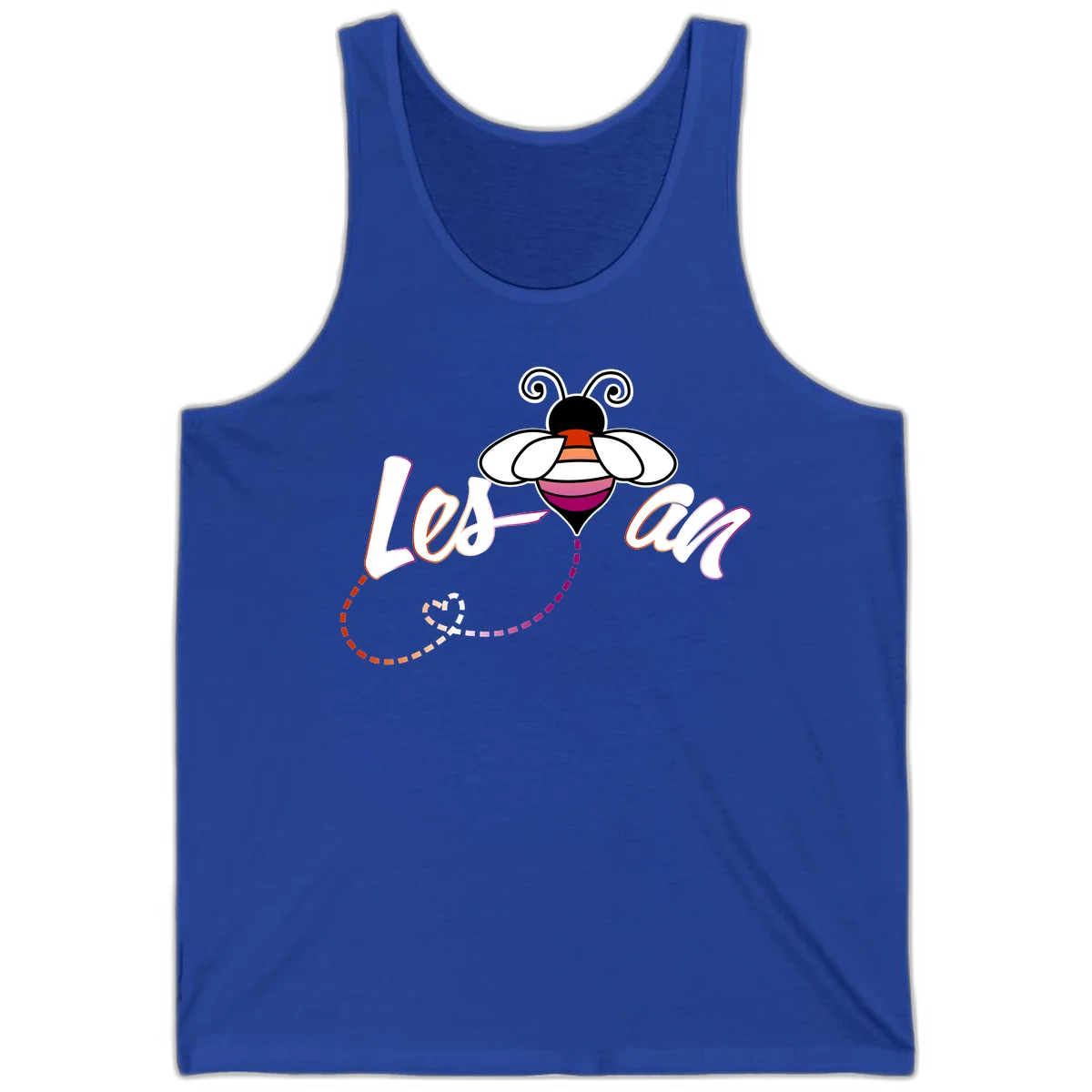 Colorful bee with spiral antennae and rainbow striped body above the word Love in flowing lettering with dashed trail in True Royal