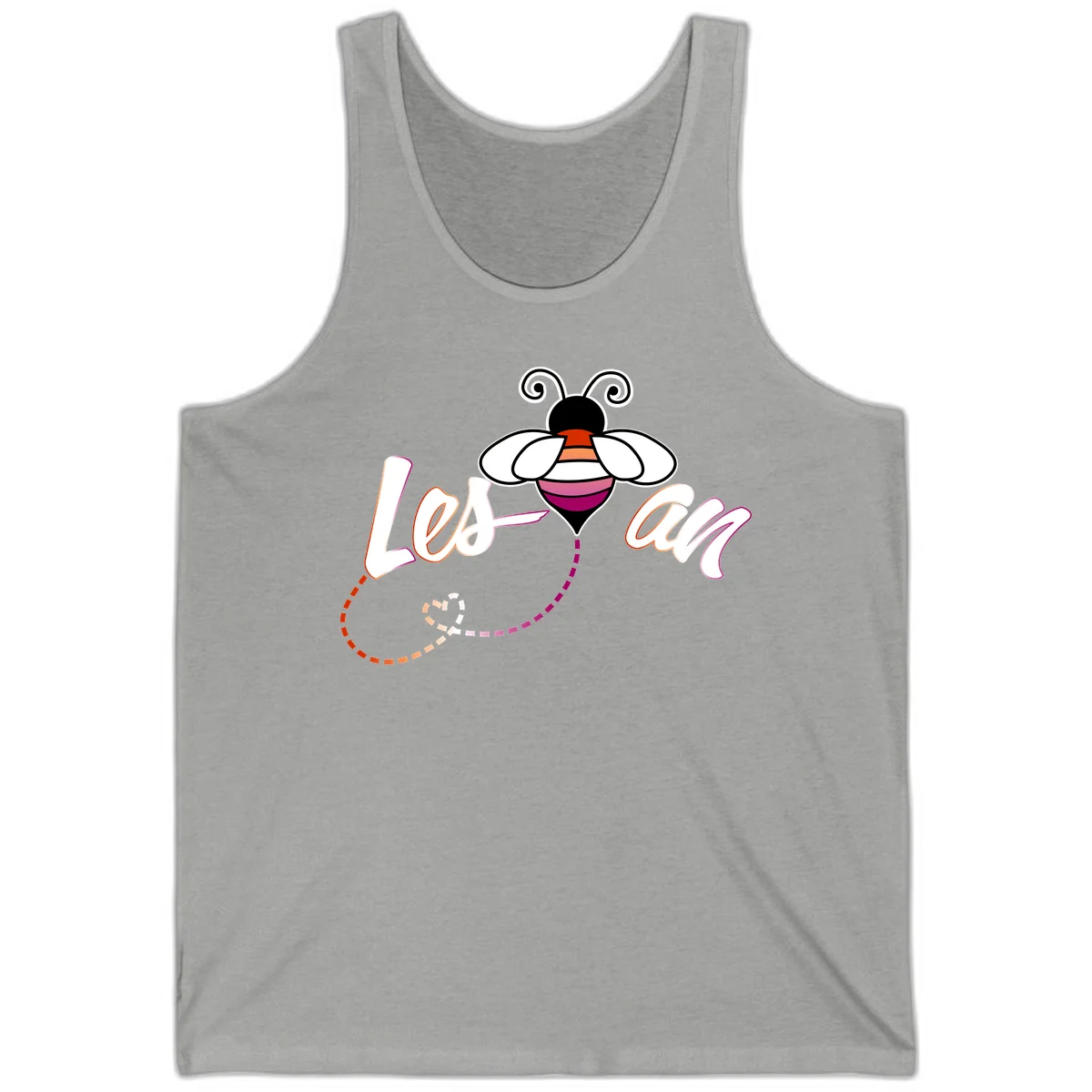 Colorful bee with spiral antennae and rainbow striped body above the word Love in flowing lettering with dashed trail in Athletic Heather