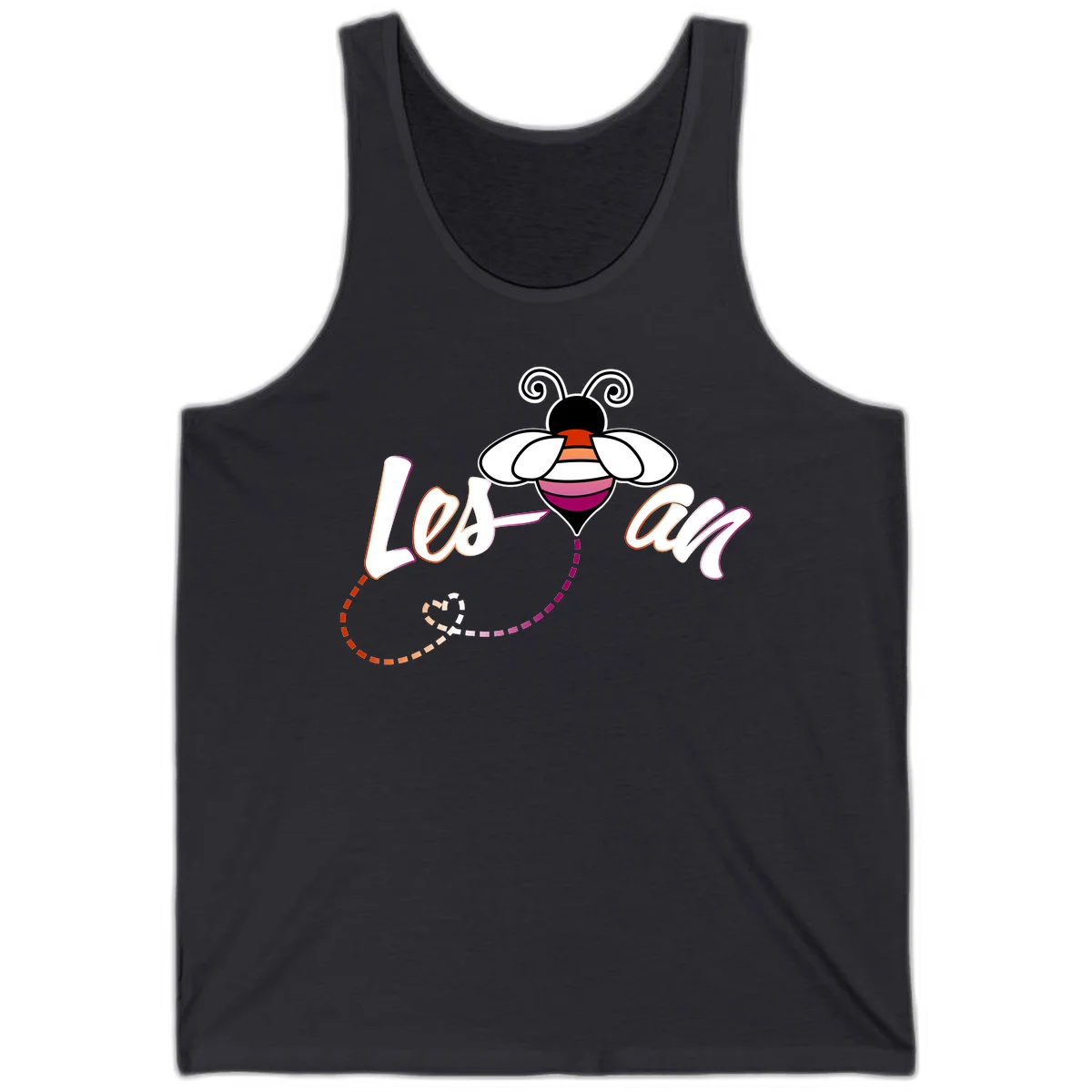 Colorful bee with spiral antennae and rainbow striped body above the word Love in flowing lettering with dashed trail in Dark Grey