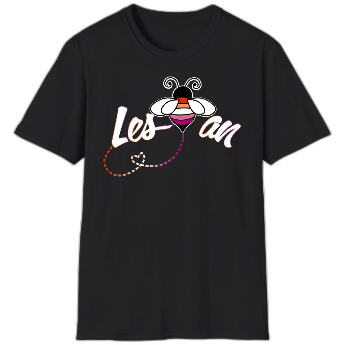 Colorful bee with spiral antennae and rainbow striped body above the word Love in flowing lettering with dashed trail in Black