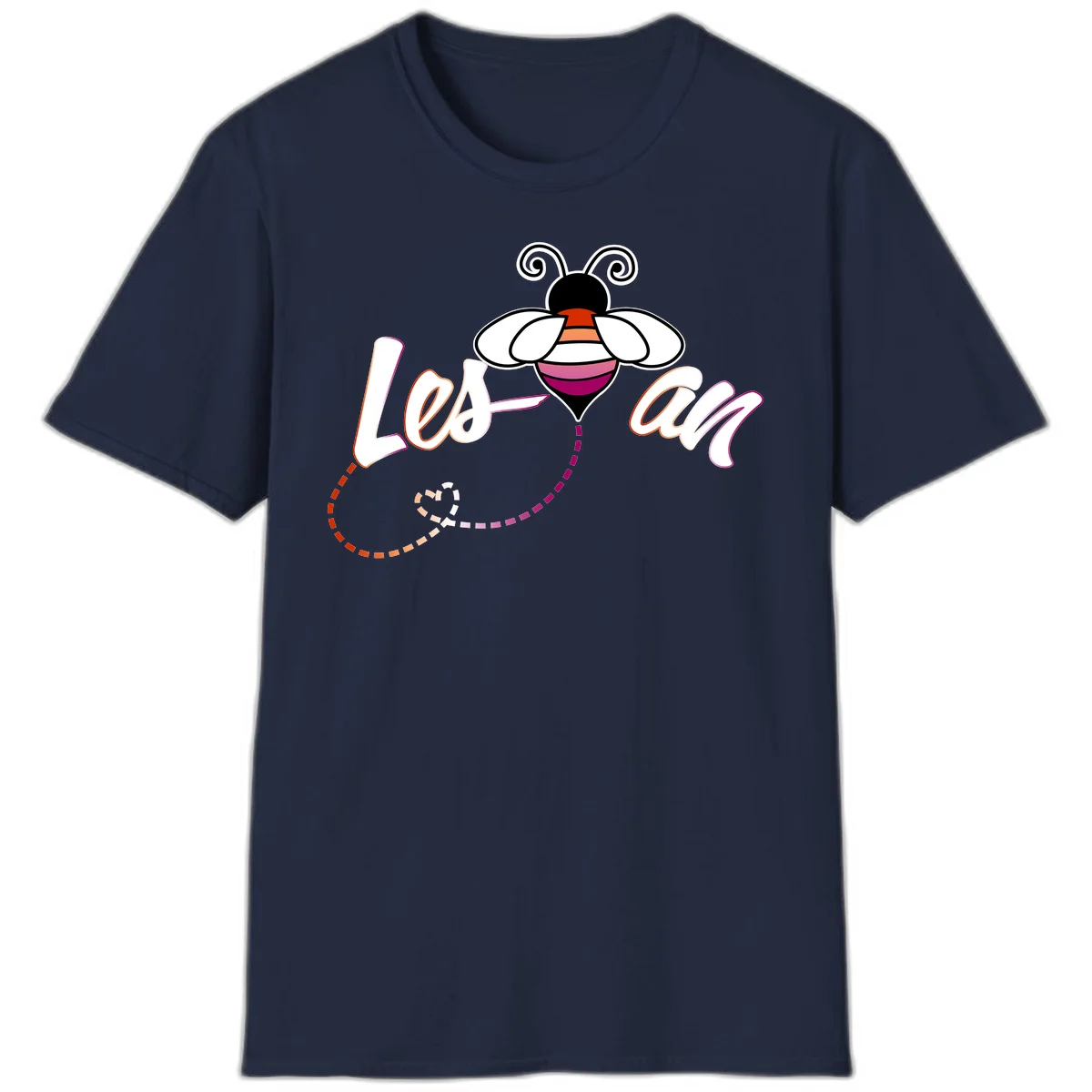 Colorful bee with spiral antennae and rainbow striped body above the word Love in flowing lettering with dashed trail in Navy