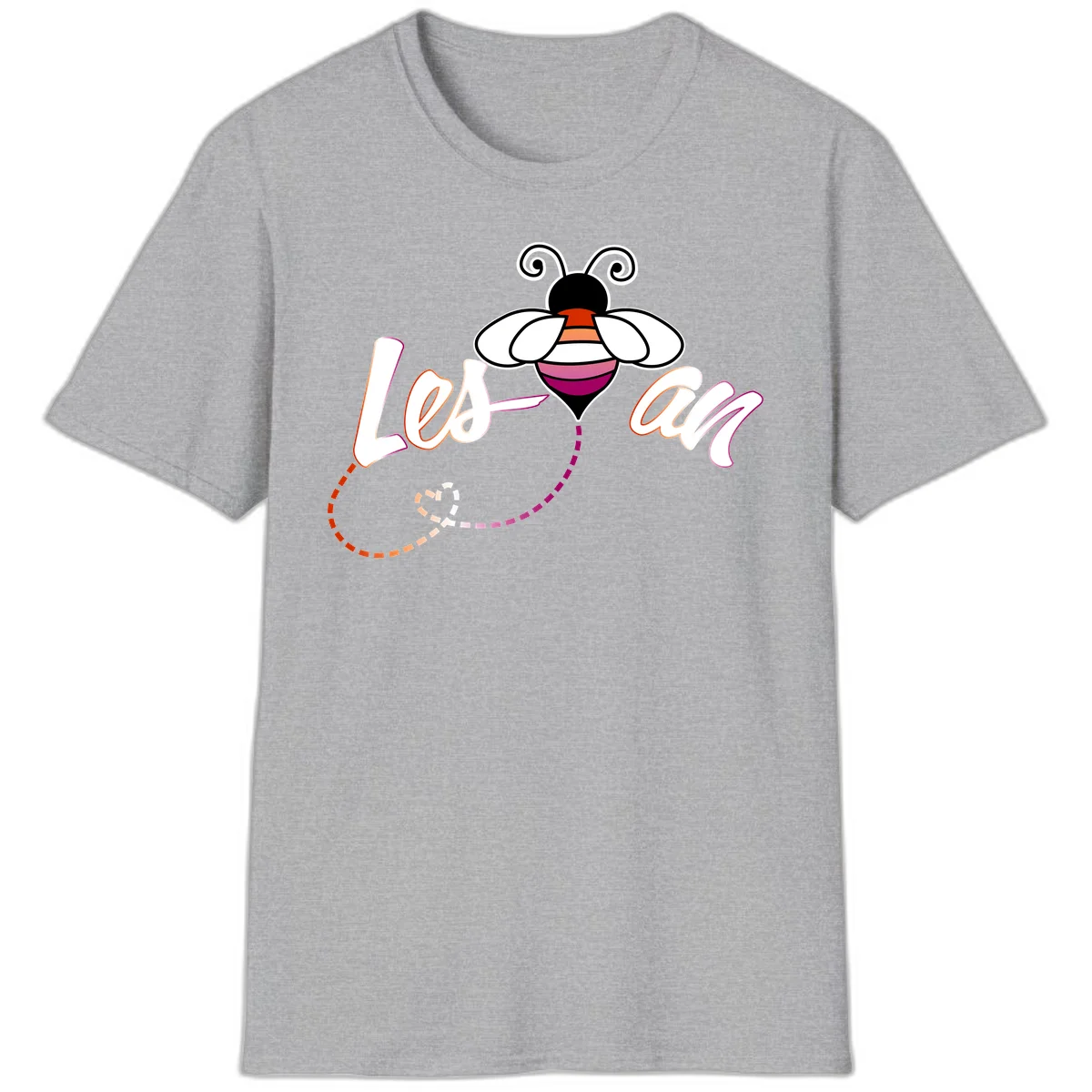 Colorful bee with spiral antennae and rainbow striped body above the word Love in flowing lettering with dashed trail in Sport Grey